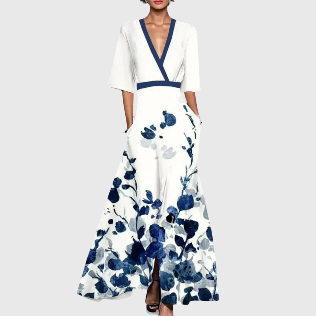 Maxikleid Damen mit V-Ausschnitt und Blumenmuster | Elegantes Wickelkleid mit kurzen ?rmeln f��r festliche Anl?sse und Sommer