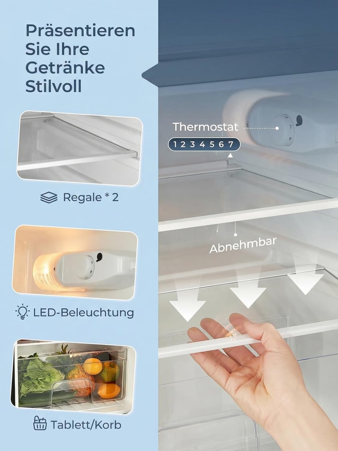 FOHERE Mini Kühlschrank mit Gefrierfach Klein 90L, 26 L Gefrierfach | 64 L Kühlschrank für Schlafzimmer, 7-Stufen Thermostat, Energieeffizien, 43 dB mit 2 Wechselbare Tür, für Wohnheime, Wohnungen