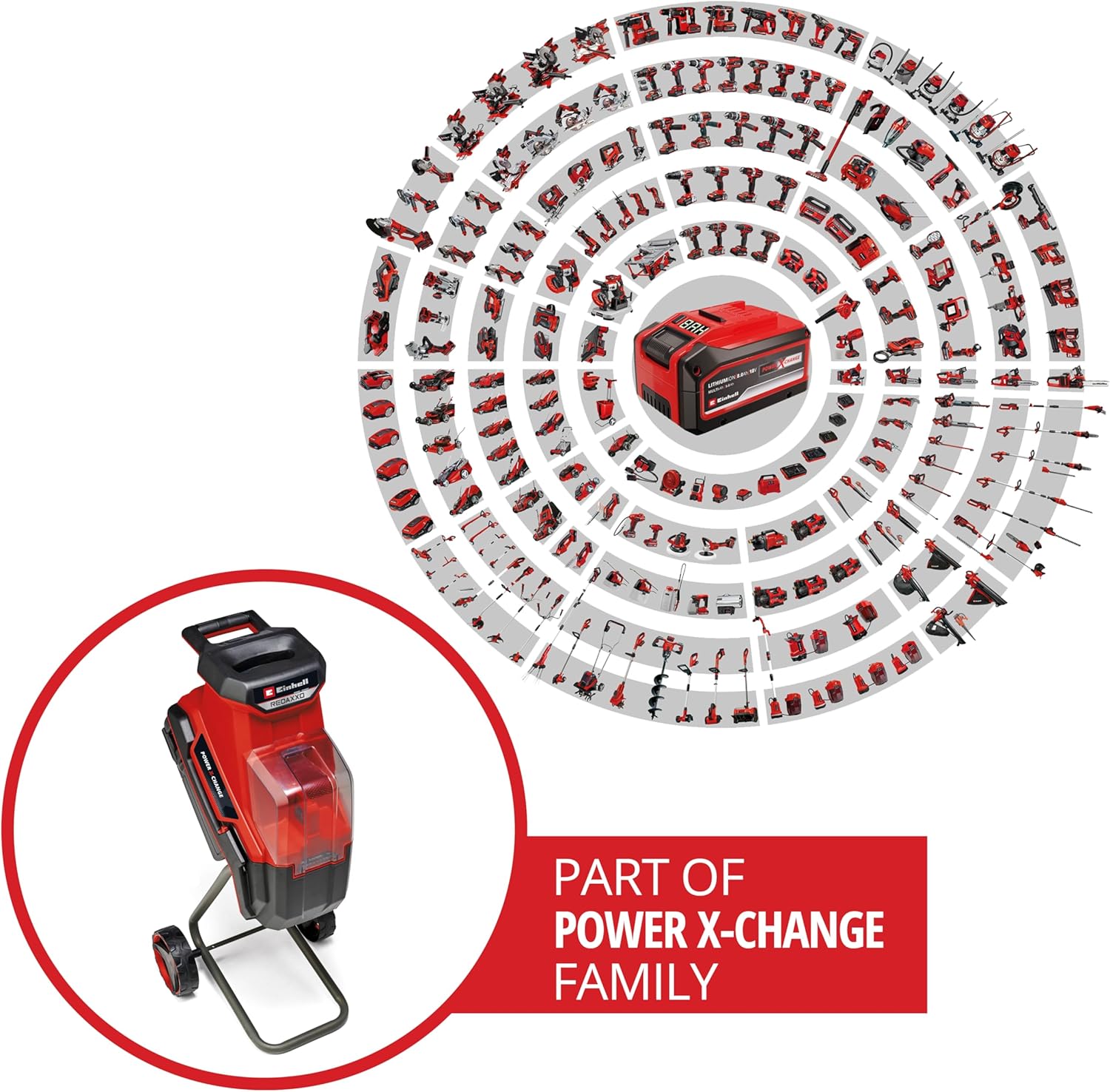 Einhell Akku-Messerhäcksler REDAXXO 36/25 Power X-Change (36 V, max. 25 mm Aststärke, 3 Wendemesser aus Stahl, 55 L Fangsack, Transportgriff, Stopfer)