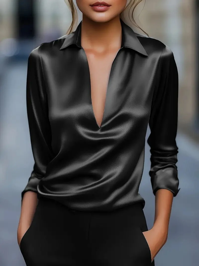 Damen Stilvolle, vielseitige Bluse im Satin-Look mit V-Ausschnitt