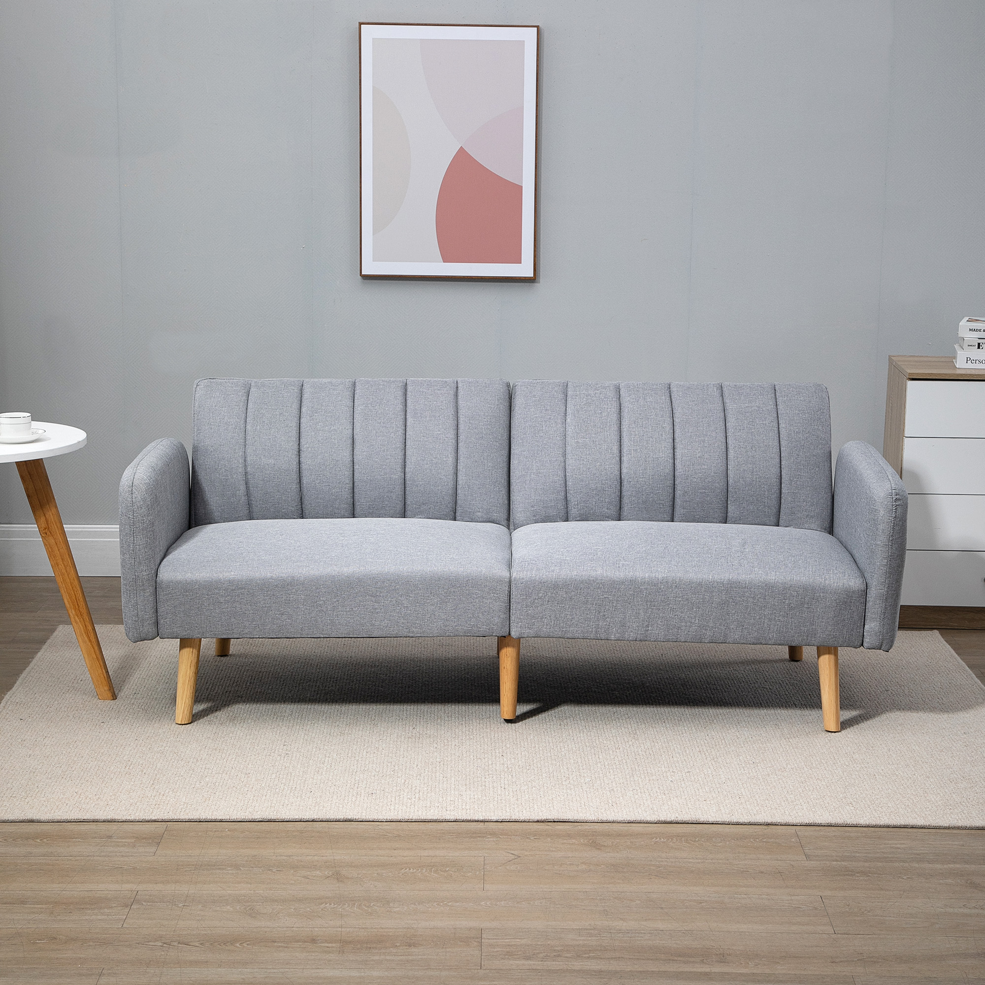 Slaapbank, 2-zits stofbank, Bank met slaapfunctie, linnen-look polyester, rubberhout, 173 x 75 x 73 cm, Grijs