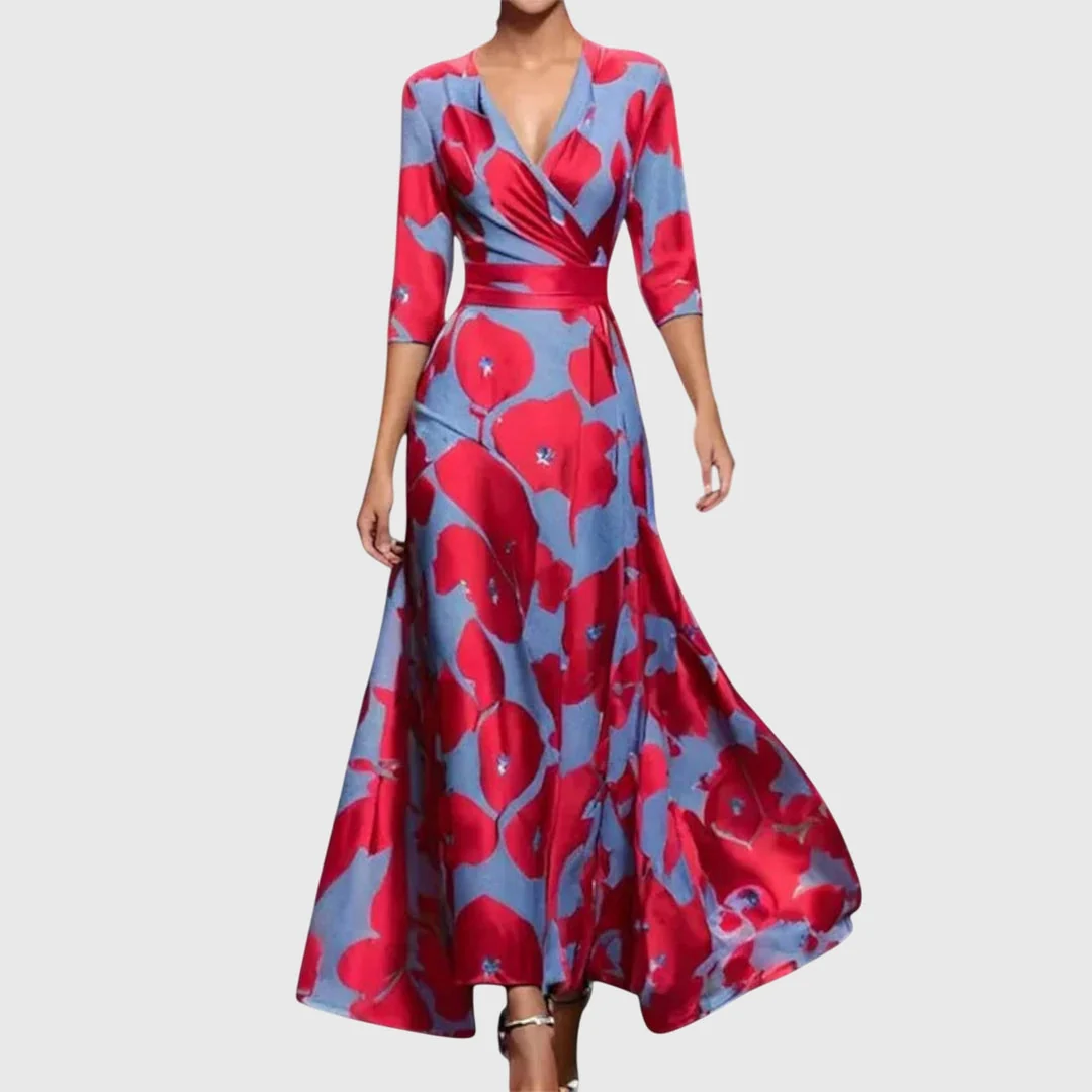 Maxikleid Damen mit V-Ausschnitt und Blumenmuster | Elegantes Wickelkleid mit kurzen ?rmeln f��r festliche Anl?sse und Sommer