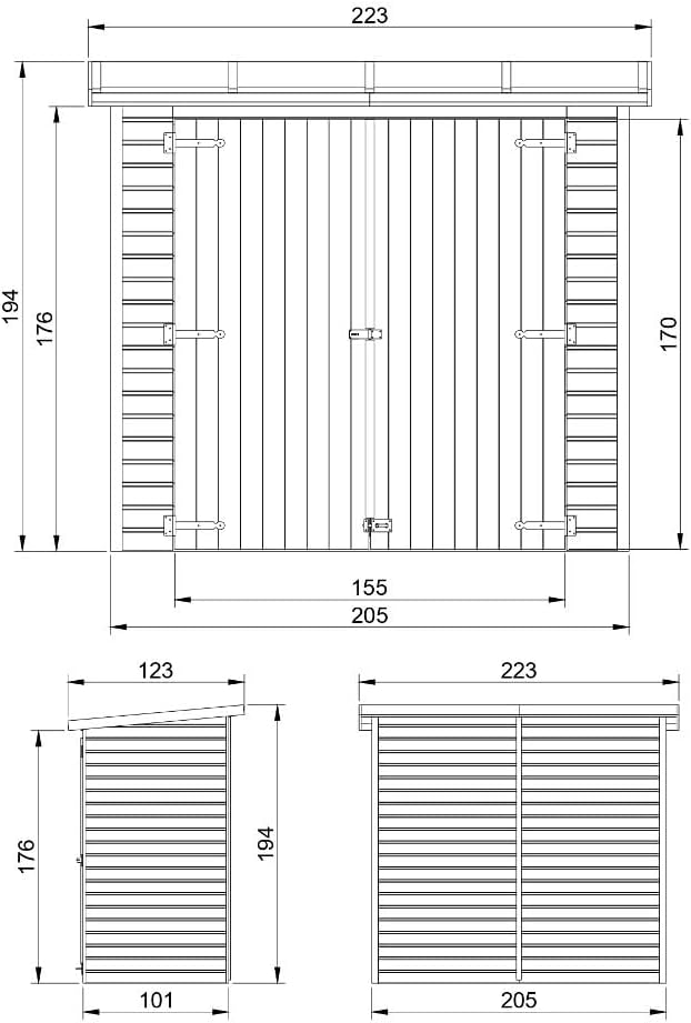 TIMBELA Gartenhaus Holz H194x123x223 cm/2.1 m², mit 17 mm Wandstärke - Geräteschuppen Holz ohne Boden, Gartenhütte Holz, Fahrrad Schuppen, Gerätehaus - Wasserfestes Dach TIMBELA M348