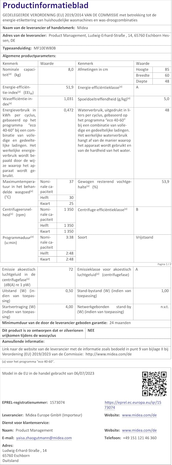 Midea MF10EW80B Waschmaschine / 8kg / 1400 U/Min/EEK A/Inverter Quattro Moto/Dampffunktion/Grosse Trommel/Slim Design/Nachlegefunktion/Kindersicherung/AquaStop, Weiß