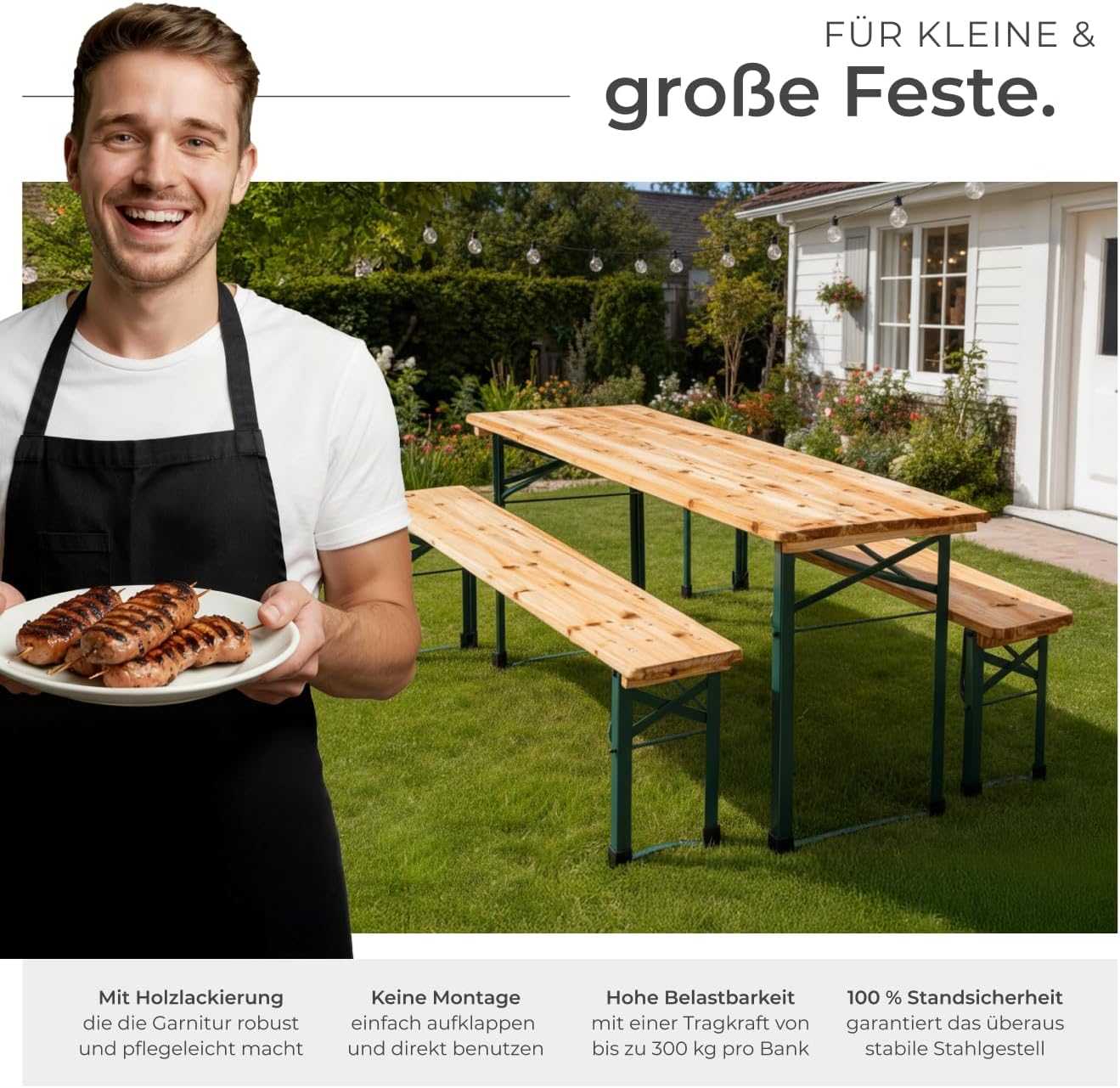 tectake® Bierzeltgarnitur klappbar, Biertisch Klapptisch mit 2X Bierbank, Gartenmöbel Set, Camping Zubehör, Klapptisch Esstisch, Camping Tisch faltbar, Balkontisch, Campingtisch klappbar
