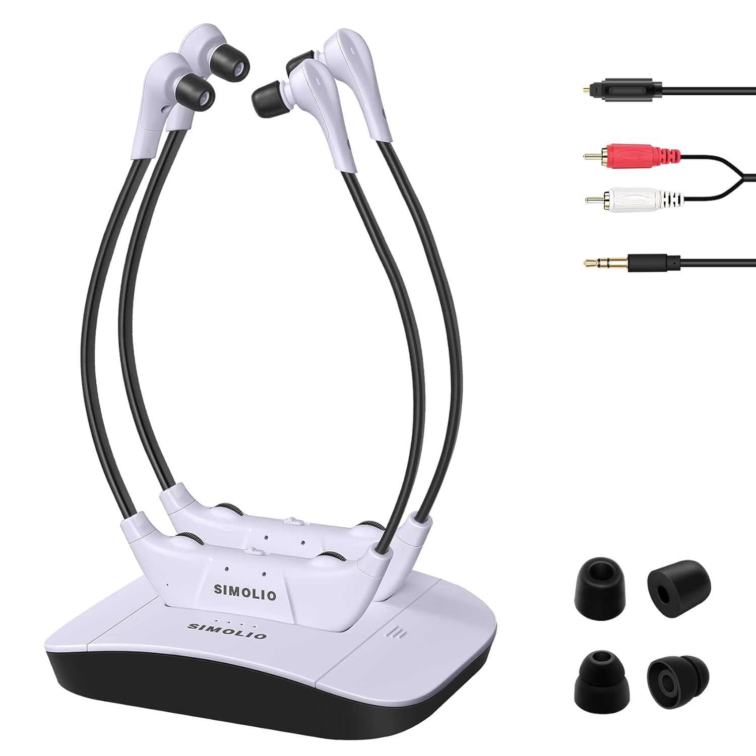 SIMOLIO Dual 2.4GHz Digitale TV Hörsystem, Kabelloser Kopfhörer für Fernseher & Musikanlagen mit ErsatzAkku, TV Funkkopfhörer für Senioren, Kinnkopfhörer, Optisch, RCA, AUX, TV Hörverstärker SM-824D2