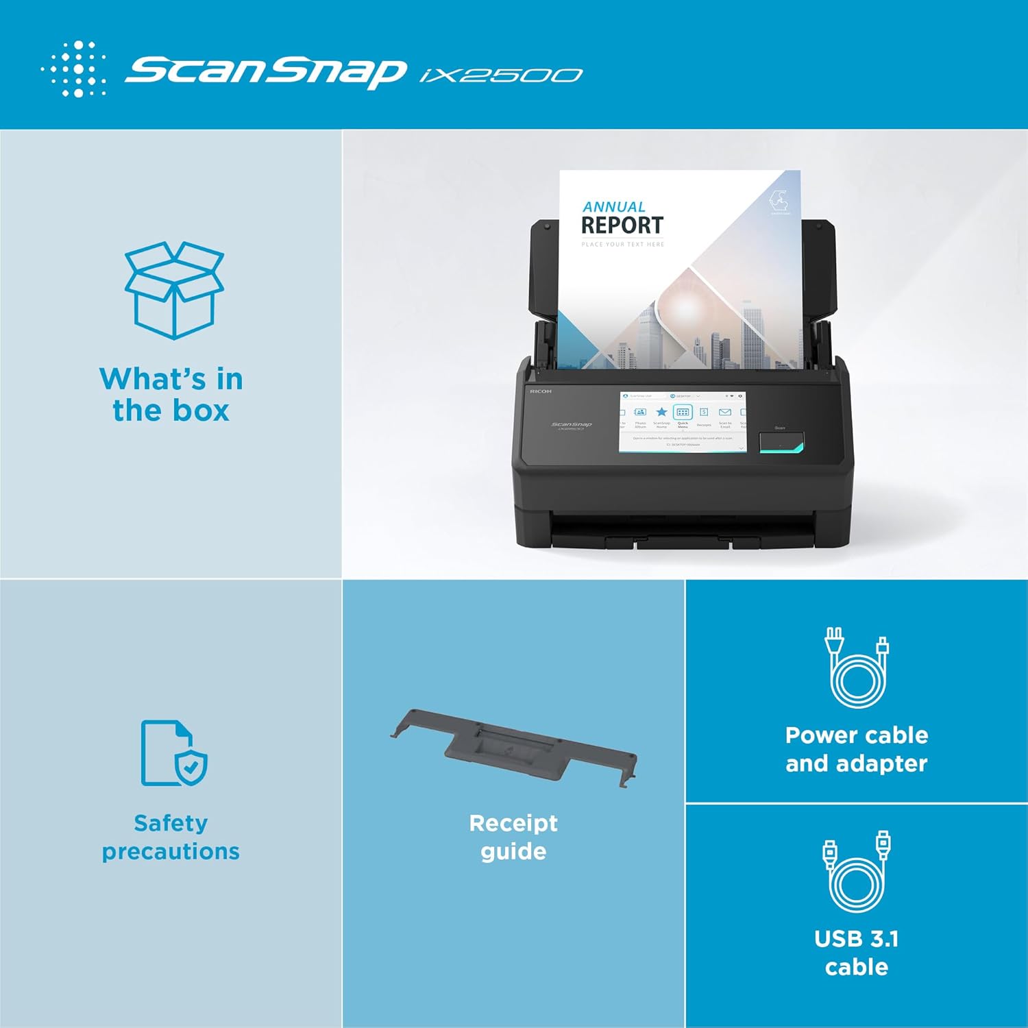 ScanSnap iX2500 Schwarz – Ultraschneller Duplex-Scanner mit 45 S./Min., 100-Blatt-ADF, 600DPI, 5″ Touchscreen, WLAN/Bluetooth/USB-Konnektivität
