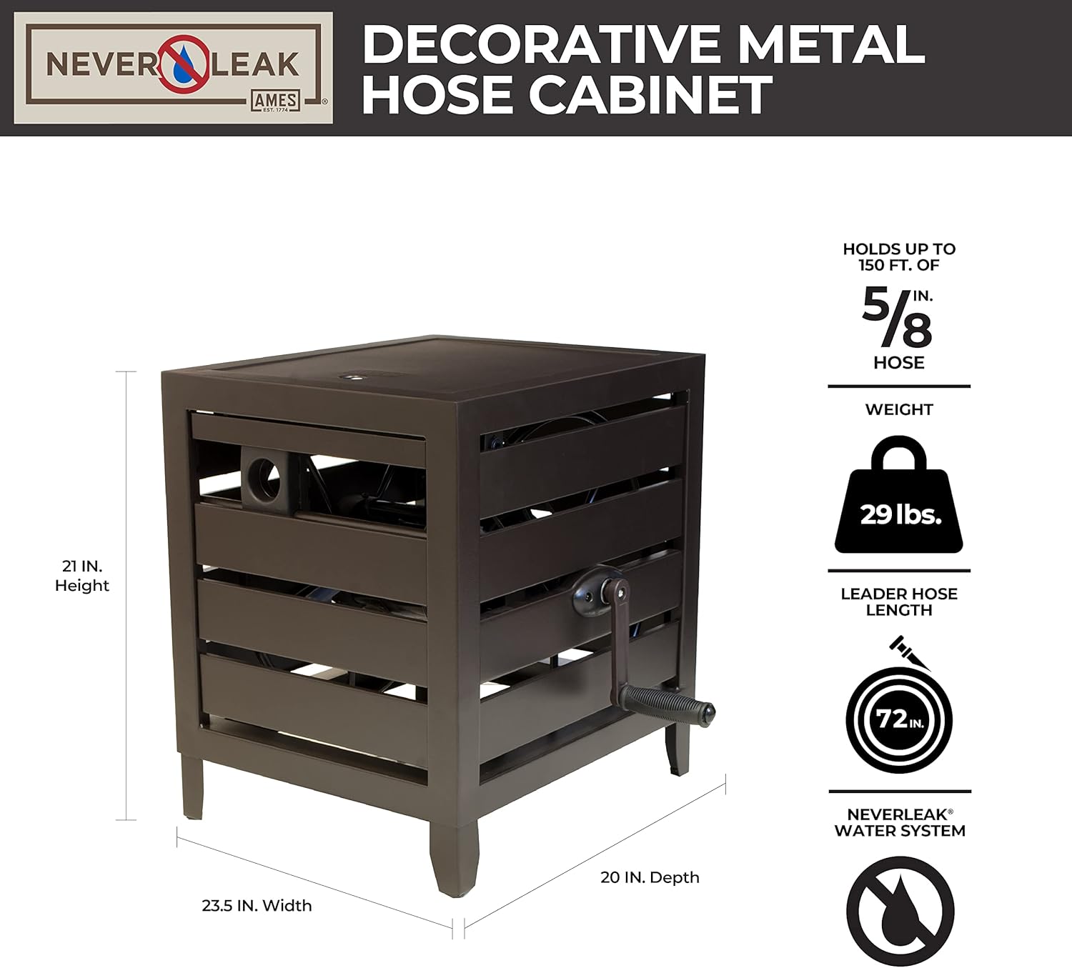 AMES NeverLeak Metalen Slangkast, 150-Voet Capaciteit, Koudebestendig, Zwart