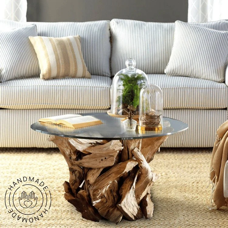 Handgearbeiteter Couchtisch IKAL aus Wurzelholz inkl. Glasscheibe  80 cm