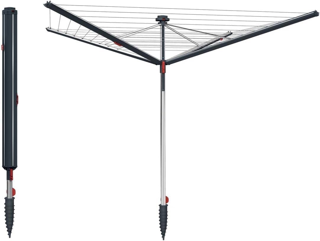 Vileda Sun-Rise Premium Wäschespinne -50m Leinenlänge|Kompakte & stabile Wäschespinne für Garten & Terrasse|Patentiertes Spannsystem, wetterfest & platzsparend, Höhe 1,67–1,82m | Eco-Verpackung