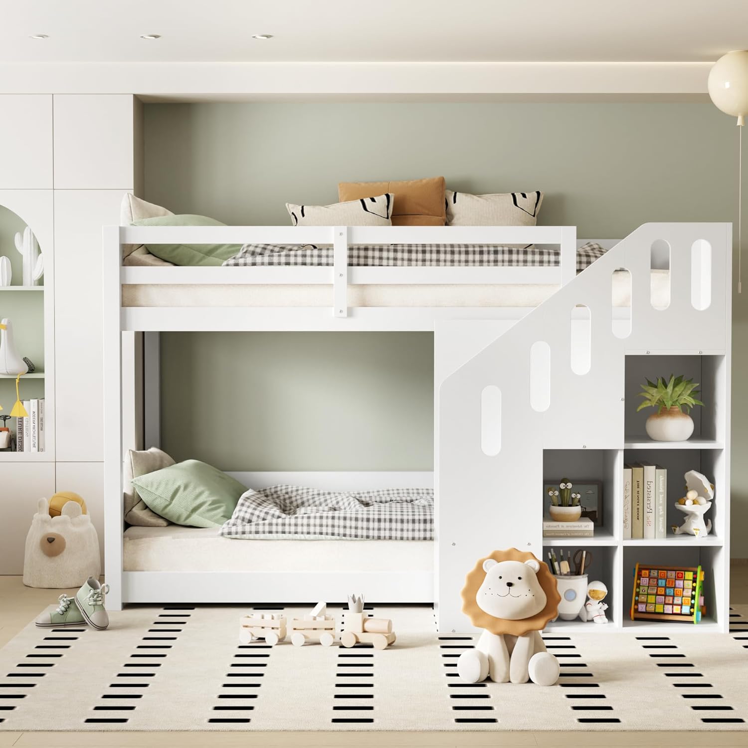Hochbett Etagenbett 2 Kinder 90x200 cm mit Treppe, Kinderbett Mit & Schließfächern & Rausfallschutz, Kinderzimmer kinderhochbett, Stockbett für Mädchen Junge, Weiß