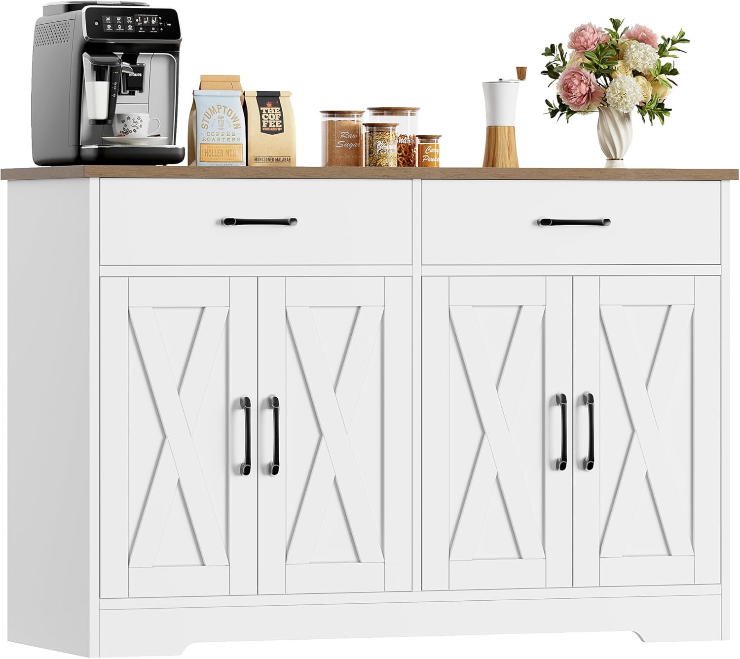 HOCSOK Sideboard, 120cm Breit Küchenschrank mit Arbeitsplatten, Küchenbuffet Aufbewahrungsschrank mit 2 Schubladen und 4 Türen Wohnzimmer, Küche, Flur, Weiß & Braun