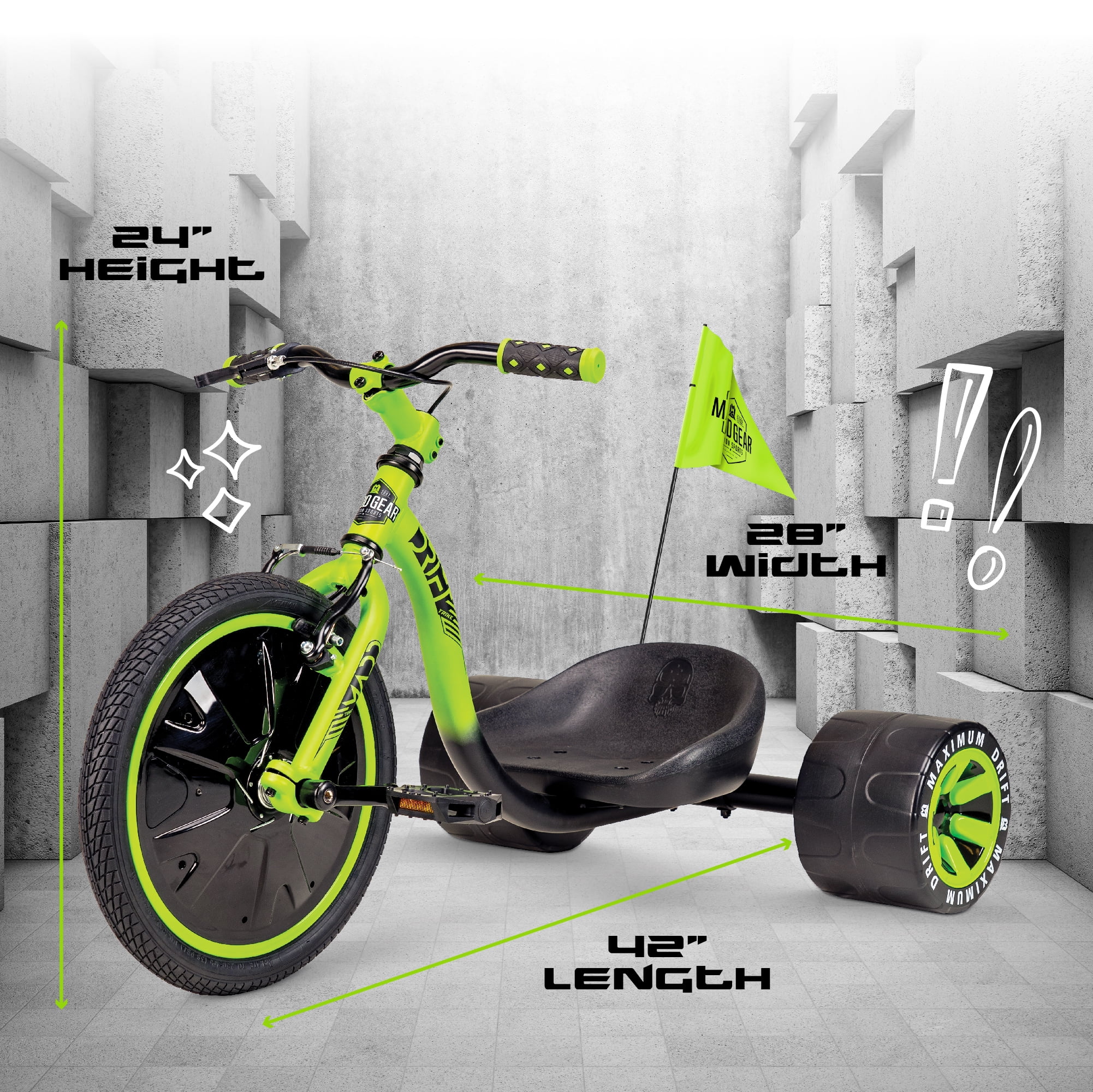 Madd Gear Drift Trike Strong Steel Frame Tricycle Adjustable Seat Black Green Machine 5 Years & up