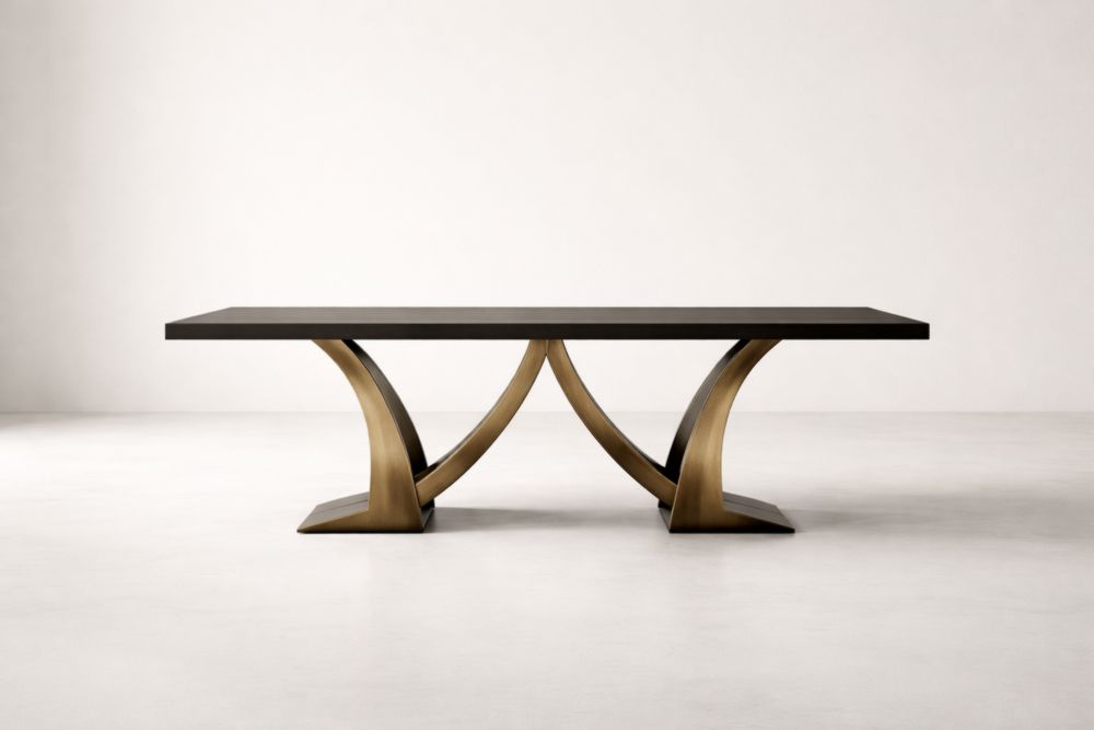 Black Solid Rubberwood Dining Table with Bronze-tone Steel Base, 200cm x 100cm x 76cm