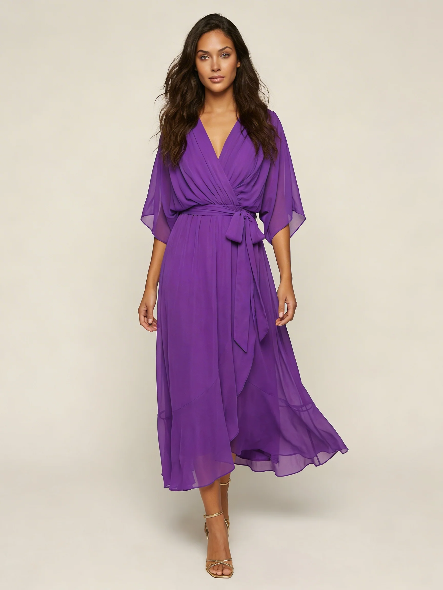 Damen Midi-Wickelkleid mit V-Ausschnitt | Flie?endes Kleid mit Bindeg��rtel und asymmetrischem Saum f��r Freizeit und Anl?sse