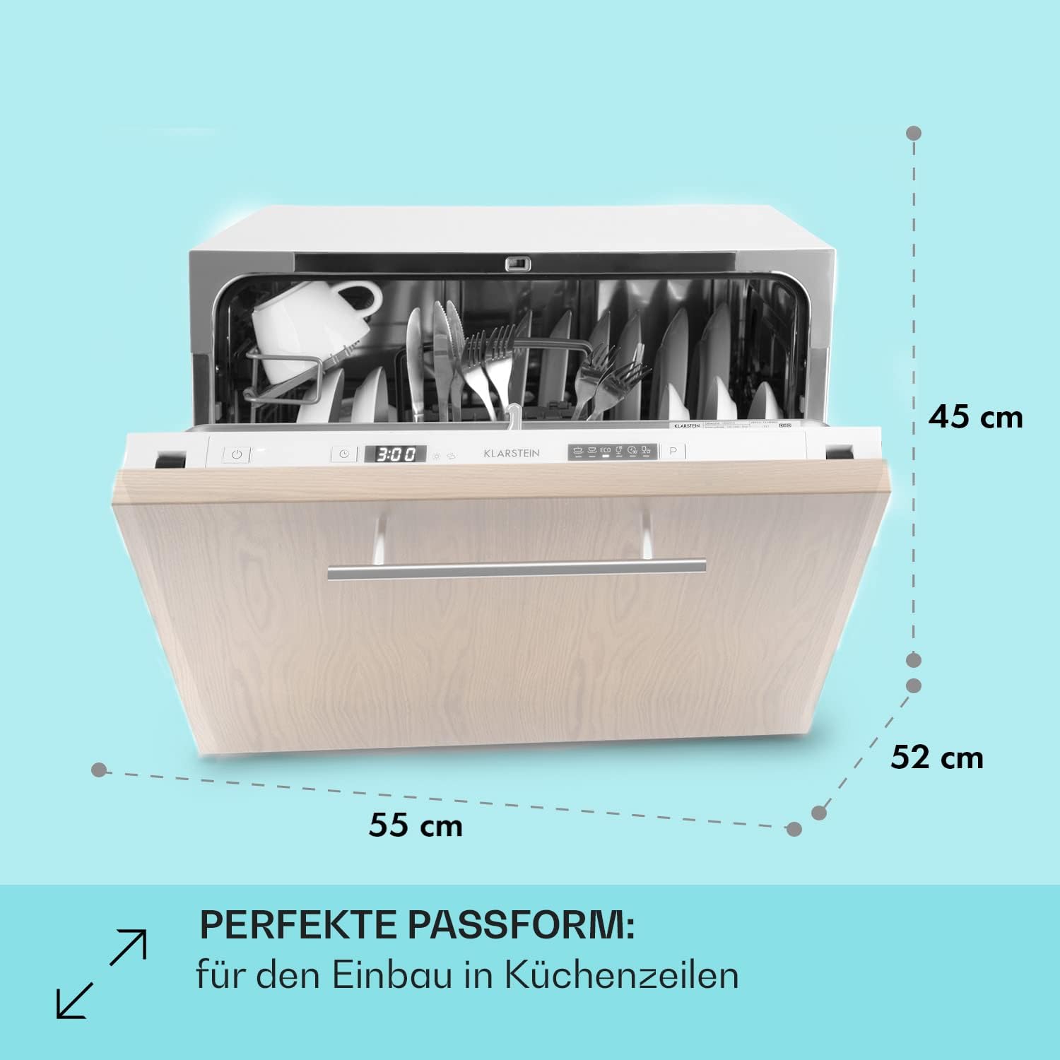 Klarstein  ia 8 - Spülmaschine, Geschirrspüler, Freistehend, Teilintegriert, F, 55 cm breit, 8 Maßgedecke, 6 Programme, Aquastop, silber