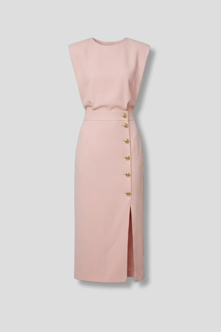 Damen Midikleid mit Rundhalsausschnitt und seitlichem Schlitz | ?rmelloses Kleid mit Knopfleiste und tailliertem Schnitt