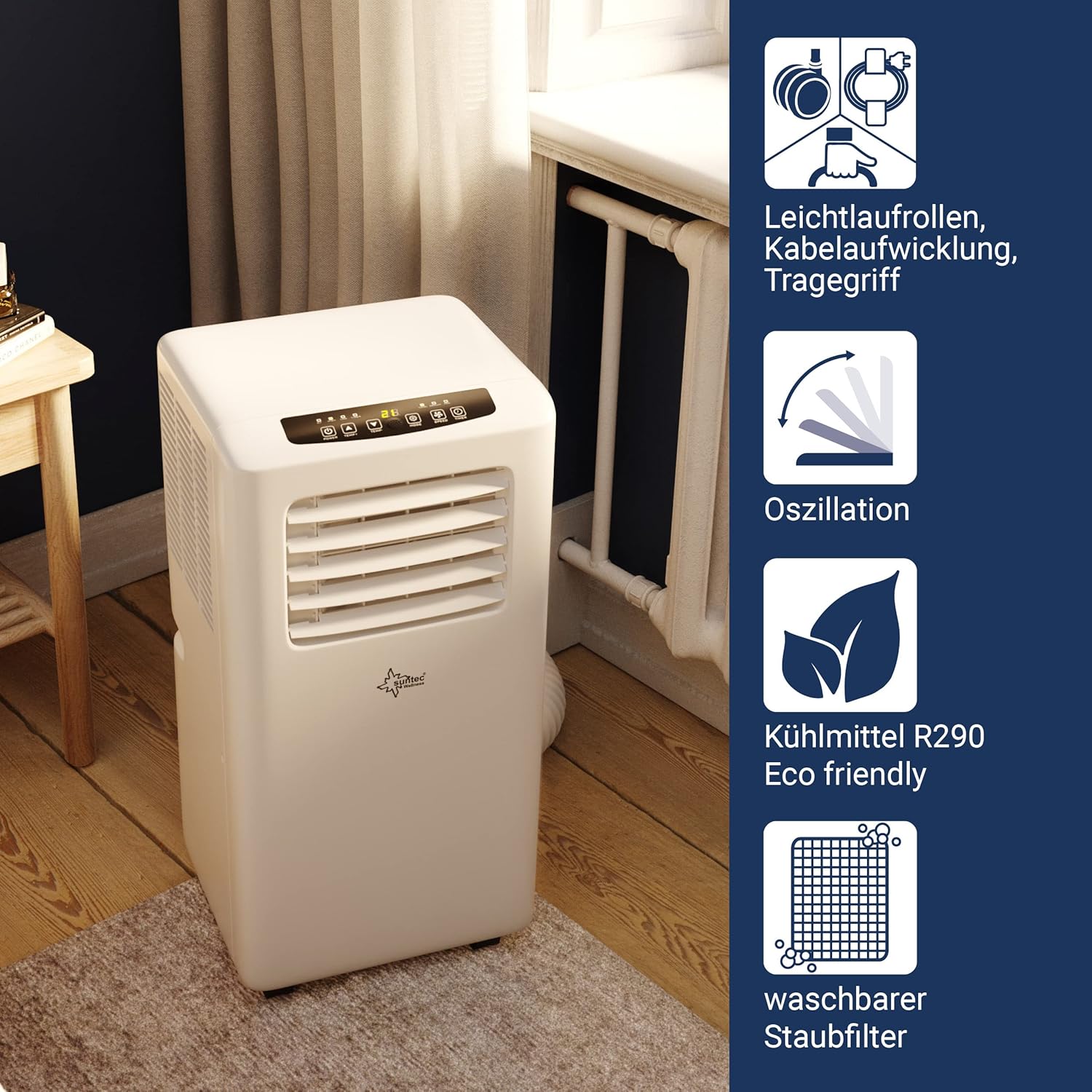 SUNTEC Mobiles Klimagerät Impuls 2.6 Eco R290 – Klimaanlage mobil und leise mit Abluftschlauch – Kühler & Entfeuchter für Räume bis 34 qm – Mobile Kühlung für Wohnung & Büro – 9.000 BTU | 2600 Watt