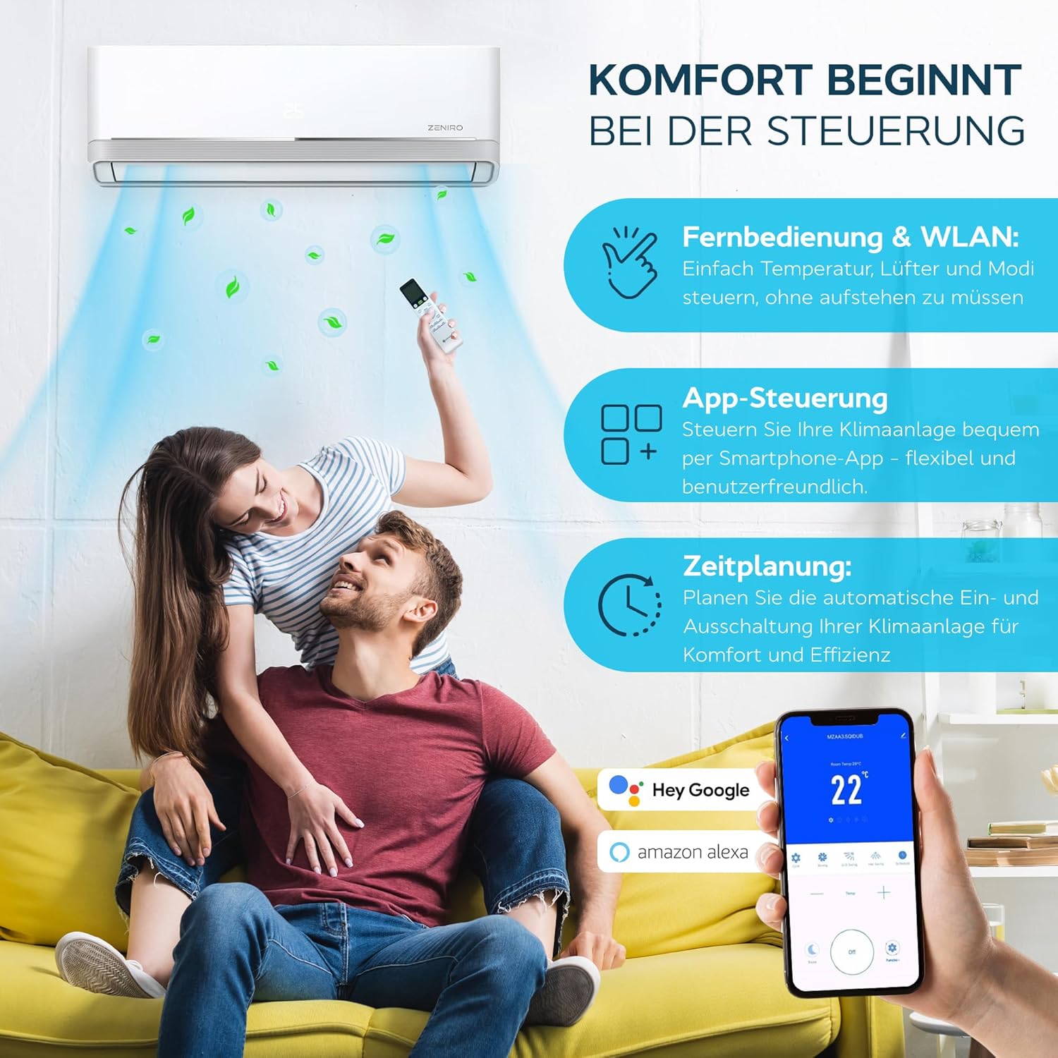 Klimanlage Split Klimagerät Set Air Conditioner mit Heizfunktion 24000 BTU 7,2kW A++ WiFi/App-Steuerung 4D AirFlow Auto Reinigung inkl. Montagematerial Vorgefüllt R32