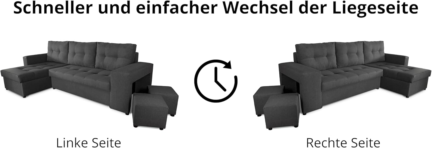 NAWSTOL - Sofa narożna Leon z funkcją spania i skrzynią na pościel – nowoczesna sofa do salonu – możliwość montażu z lewej lub prawej strony (szara + biała sztuczna skóra)