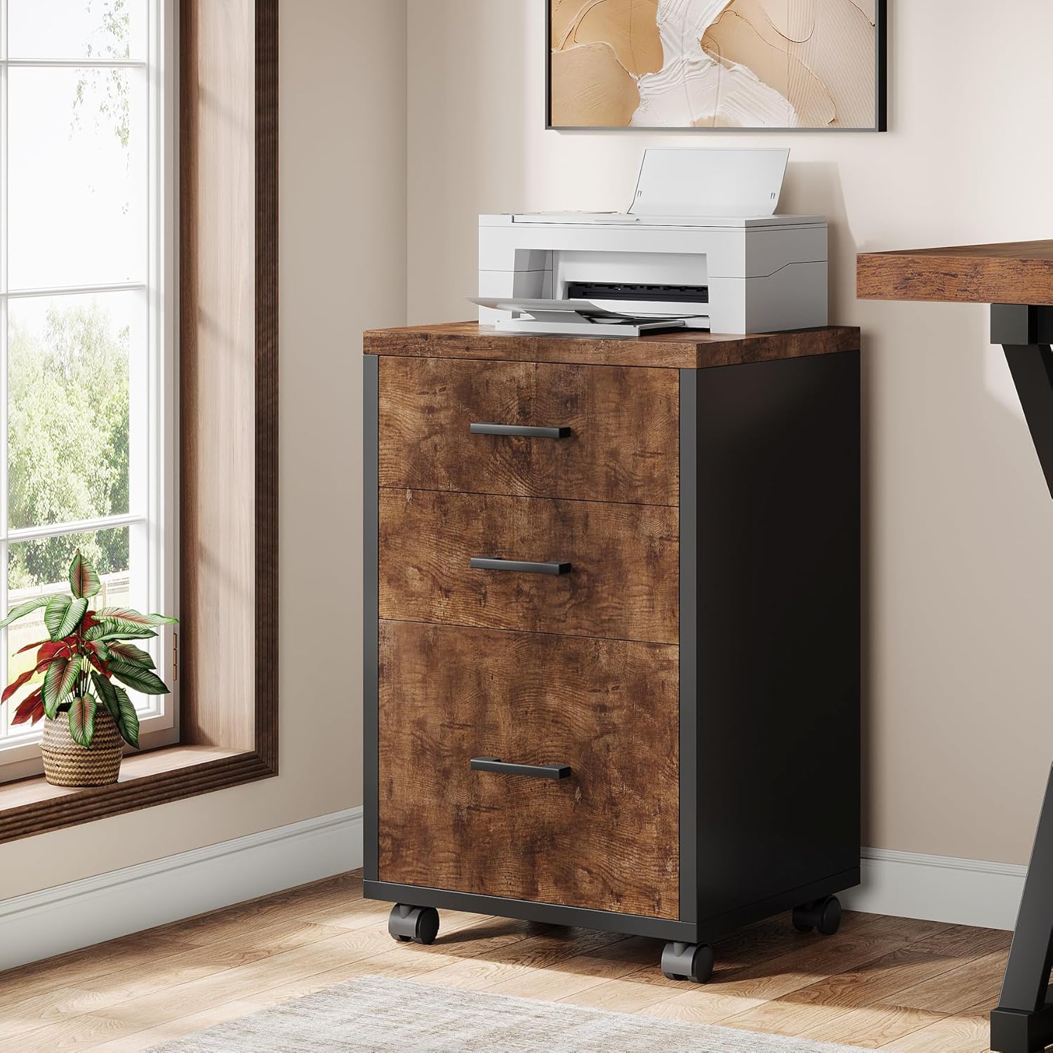 Triebsigns 3 Drawer File Cabinet, Vertical Mobile Filing Cabinet, Under Desk Rolling Printer Stand for Home Office, fits A4 or Letter Size (Brown)