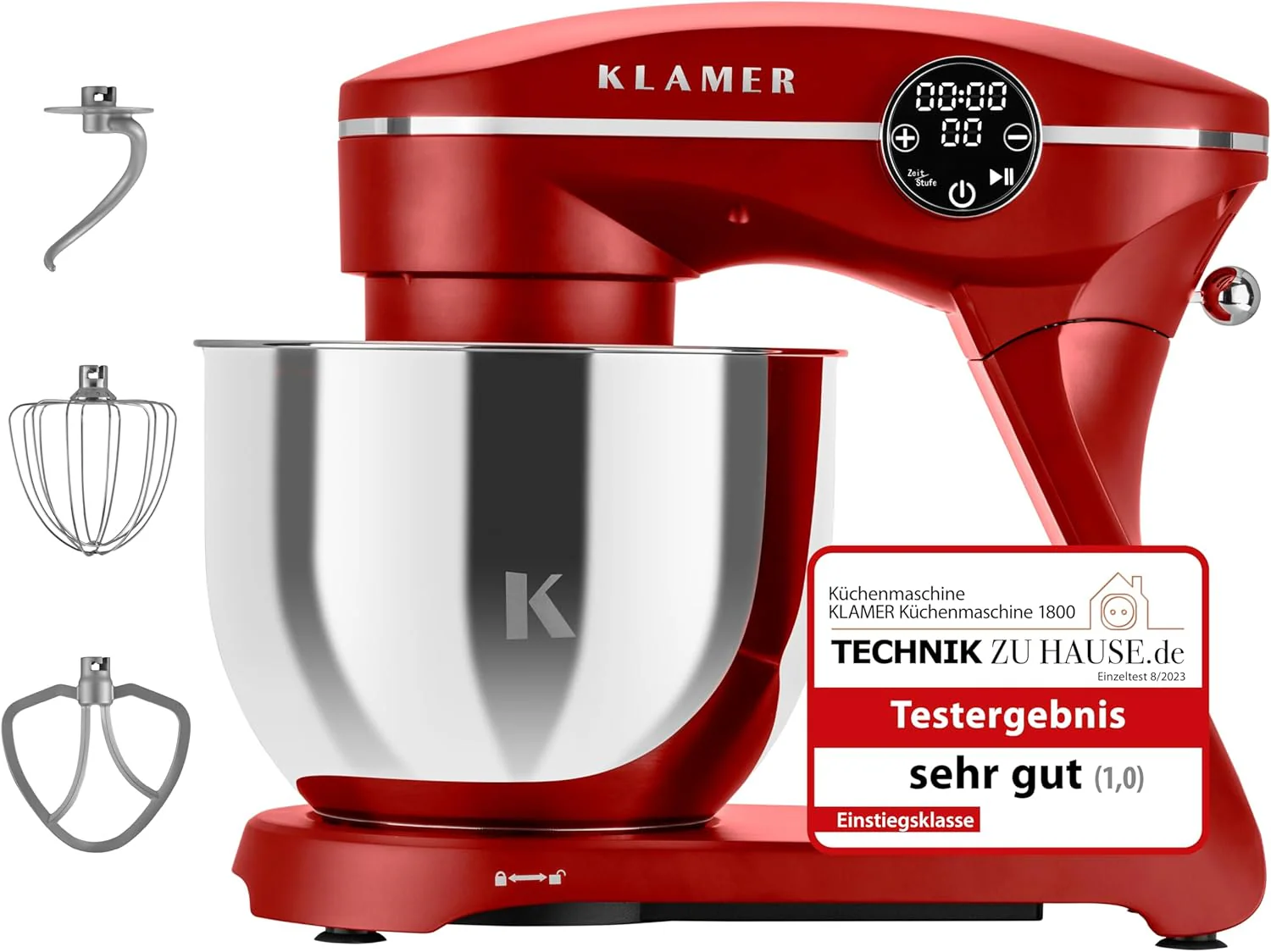 KLAMER Keukenmachine 1800W, Kneedmachine Brooddeeg met RVS Mengkom 6 L, 10 Snelheden met Timer, Planetaire Menging, Klopper, Deeghaak, Garde & Spatscherm (zwart)