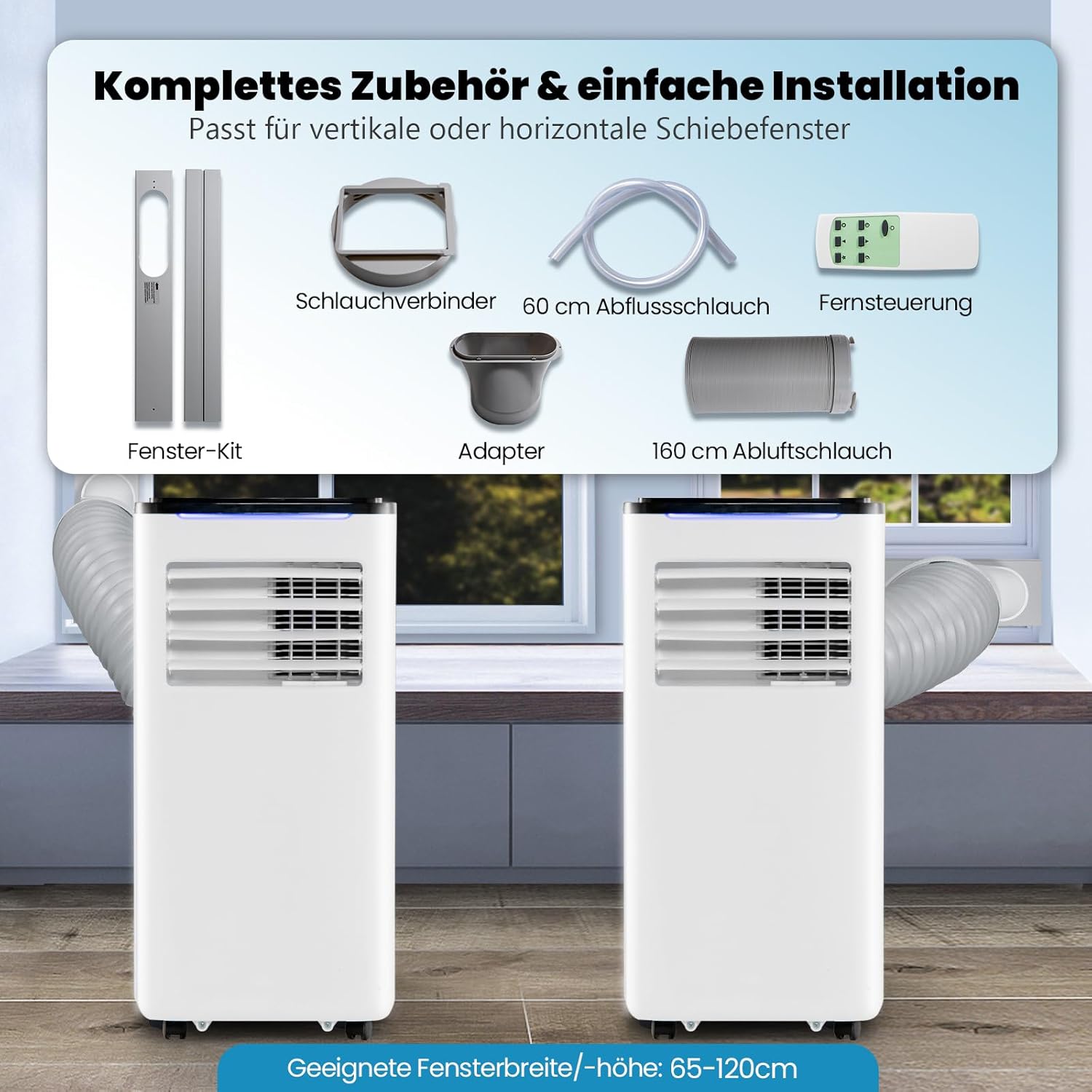 GOPLUS Mobile Klimaanlage mit Abluftschlauch 9000 BTU, Kühlen & Ventilieren & Entfeuchten 42L/Tag & Heizen & Schlafmodus, für Räume bis 60 m³(20 m²), App/Fernsteuerung, inkl. komplettes Fenster-Kit