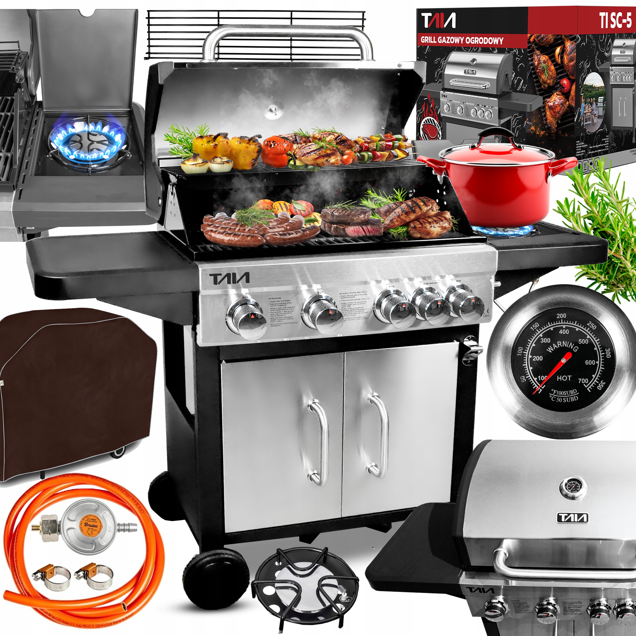 WIELKI GRILL GAZOWY NIERDZEWNY DUŻY RUSZT ŻELIWNY 17,1kW TERMOMETR REDUKTOR