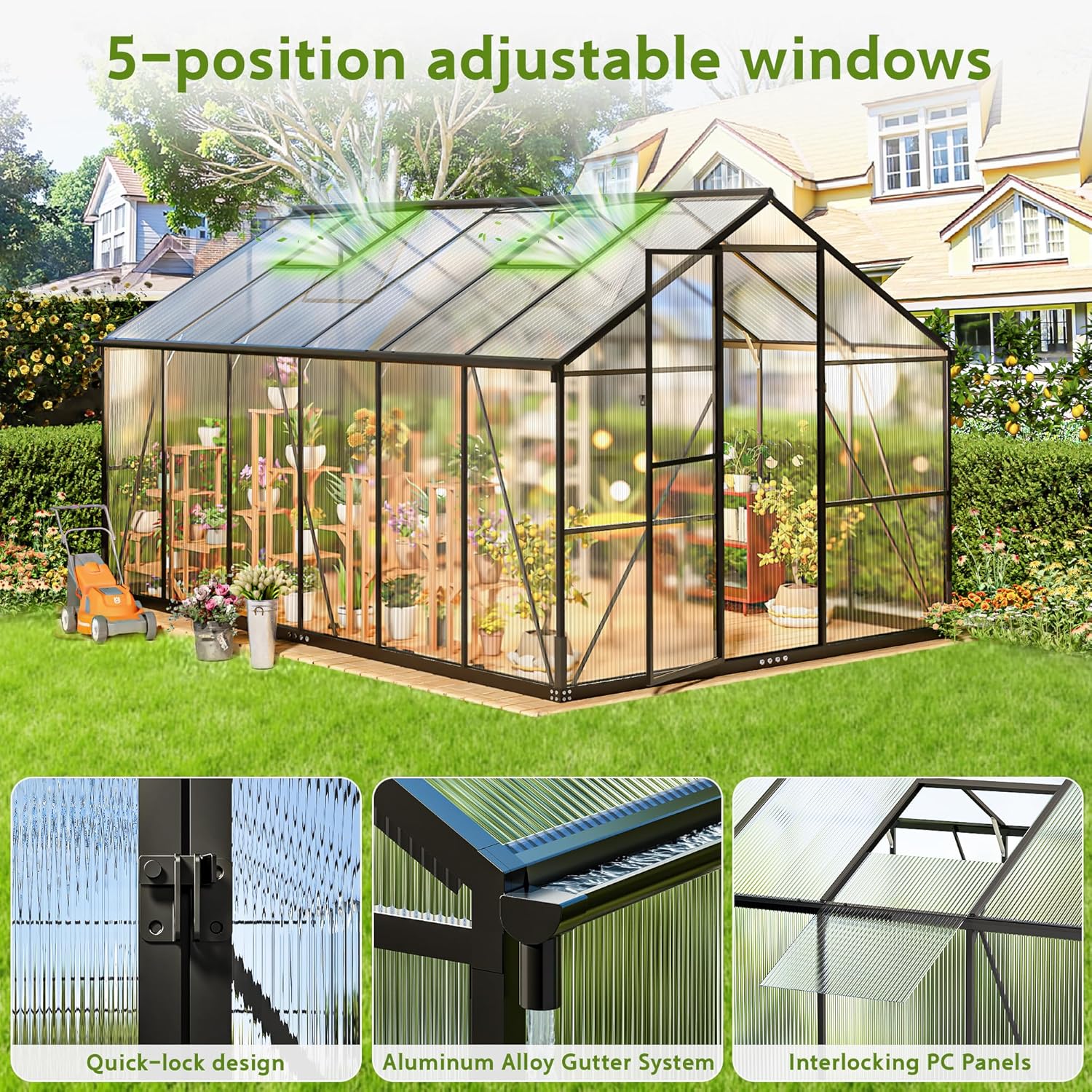 Gewächshaus Aluminium für den Garten, 362x247x205cm Gewächshaus Aluminium mit Fundament, Verstellbare Dachentlüftung, Vielseitig nutzbar als Winterfest Aufzucht Pflanzenhaus und Pflanzenhaus