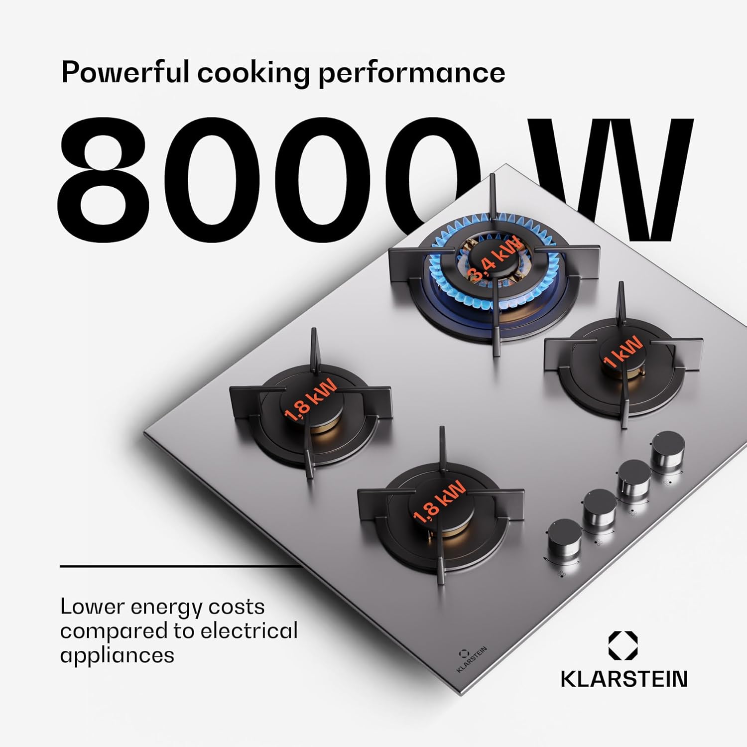 Klarstein Gasherd, Gaskochfeld 5 Flammen, Einbau-Gaskocher für Zuhause & Wohnmobil, Campingkocher mit Glasplatte, Gasherd für Propan- und Erdgas, Edelstahl Gas-Herdplatte Wok Brenner 10400 Watt