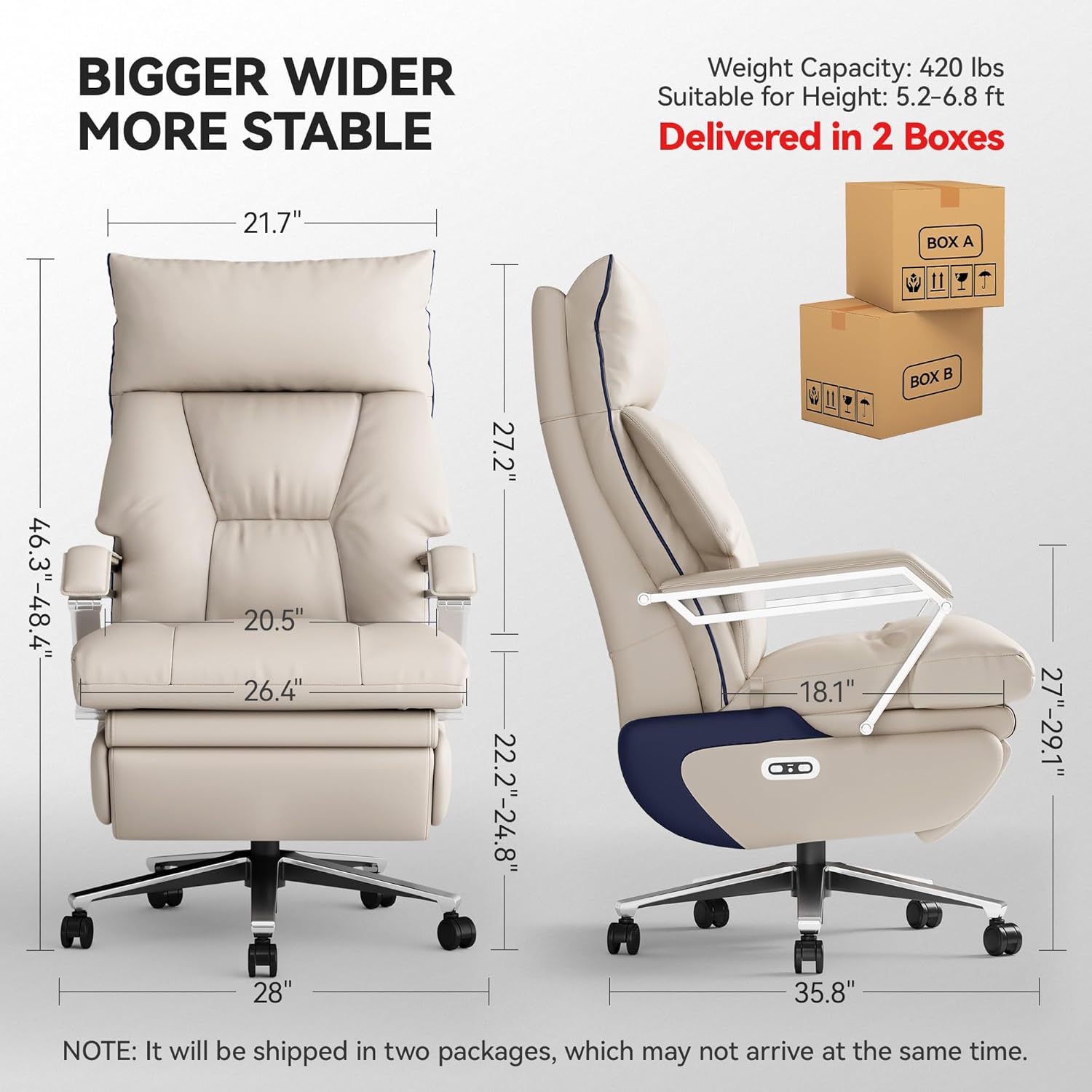 M80 Dual Motor Executive Office Chair with Footrest, Big & Tall, 420lbs, Beige