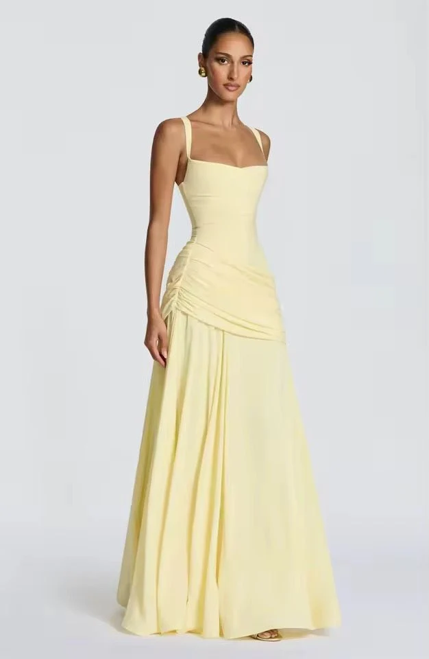 Maxikleid Damen f��r Hochzeitsg?ste | Elegantes Viskose Kleid mit Raffung und Herzausschnitt | Bodenlanges Abendkleid