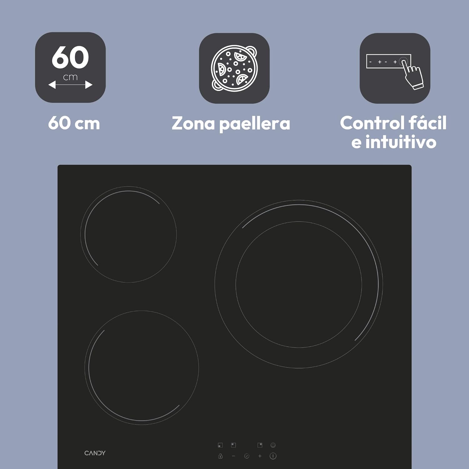 Candy CH63DCC Hob Ceramic Hob 60 cm, 3 Cooking Zones, Double 30 cm Paella Pan, Touch Control, 9 Power Levels, Safety System, Black