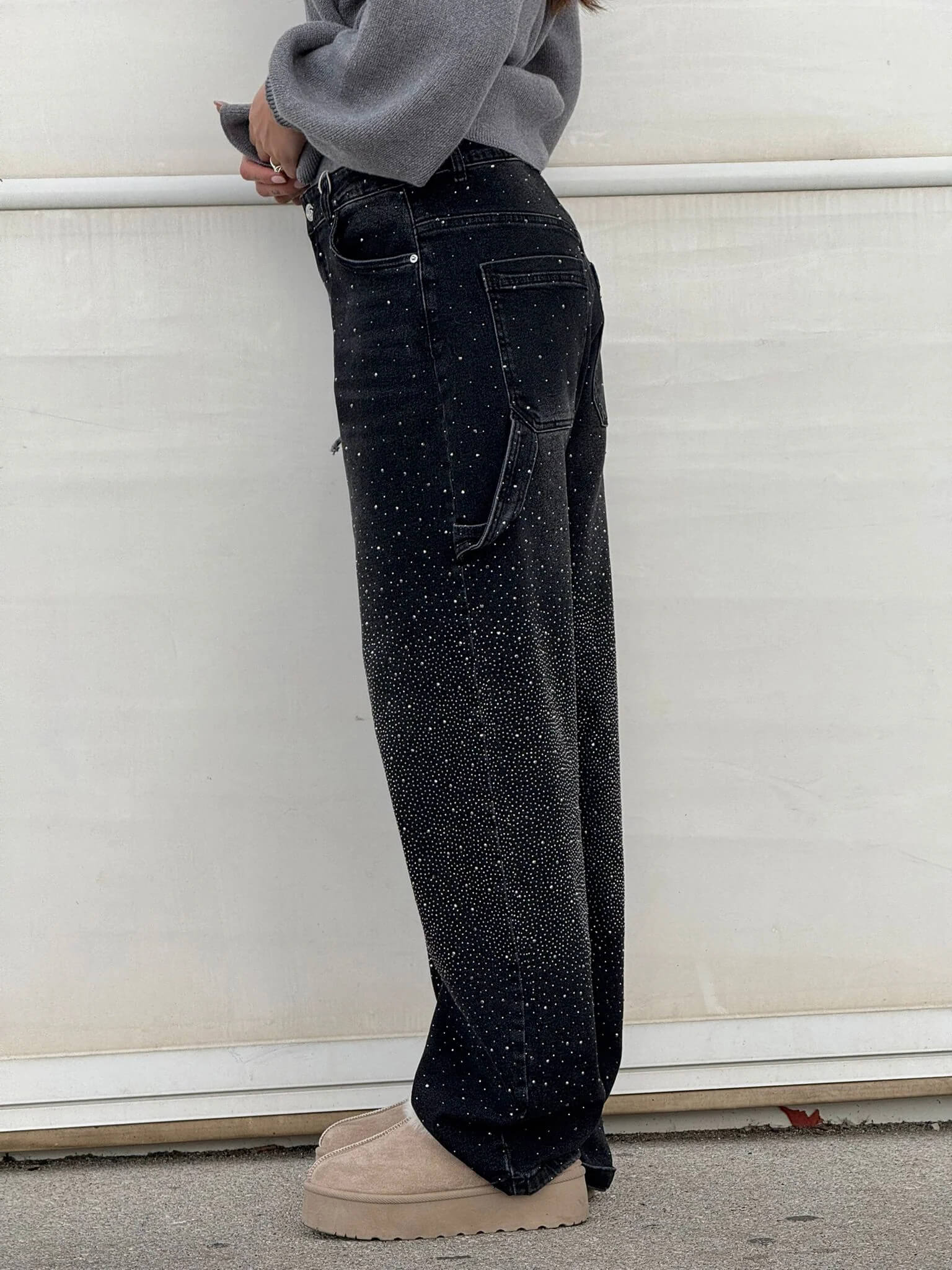 Damen Baggy Jeans mit Glitzer-Applikationen | Weite Wide Leg Denim Hose im Balloon-Schnitt | Bequeme Damenjeans aus Baumwolle