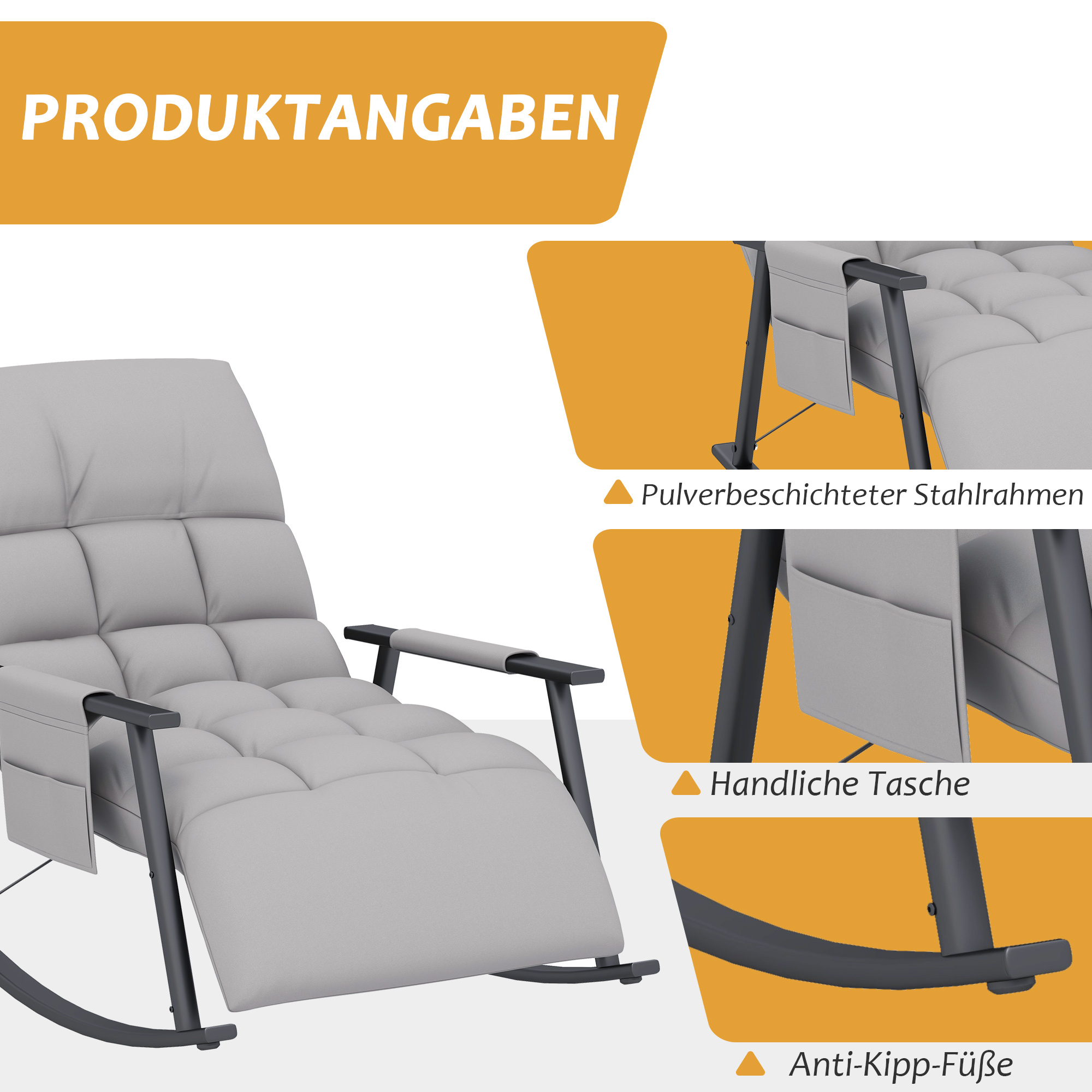 Schommelstoel, verstelbare rugleuning & voetensteun, zijvak, Microvezelhoes, Metalen frame, Grijs