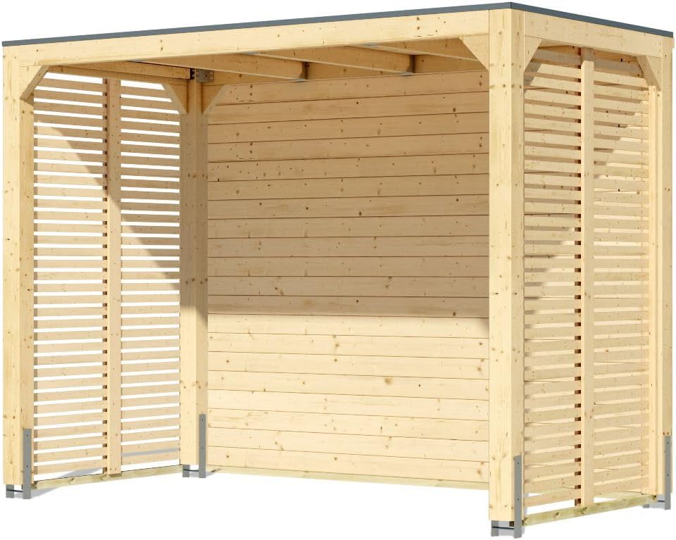 Karibu moderner Gartenpavillon mit Flachdach, Selbstklebender Dachfolie, wetterfest und stabil, für Garten, Terrasse und Outdoor-Bereich (Pavillon mit Rückwand + 2 Seitenwänden)