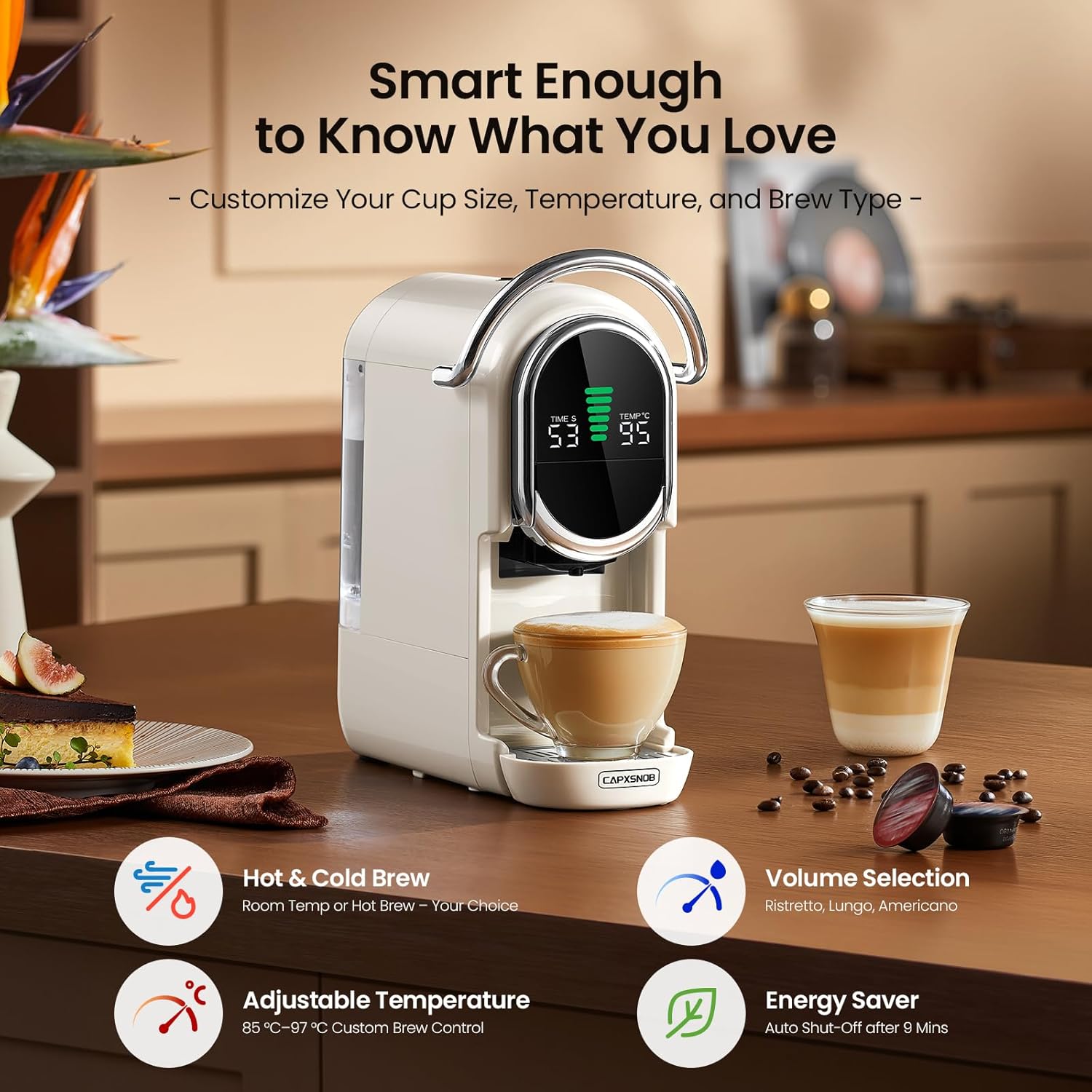 Magician1 Mini Pod Kaffeemaschinen 5 in 1 für Nespresso Original OL, Dolce Gusto, Lavazza A Modo Mio Kapsel, ESE 44 mm Pads und Espresso gemahlener Kaffee, 20 Bar, 1450 W, Heiß/Kaltgebrüht für Zuhause