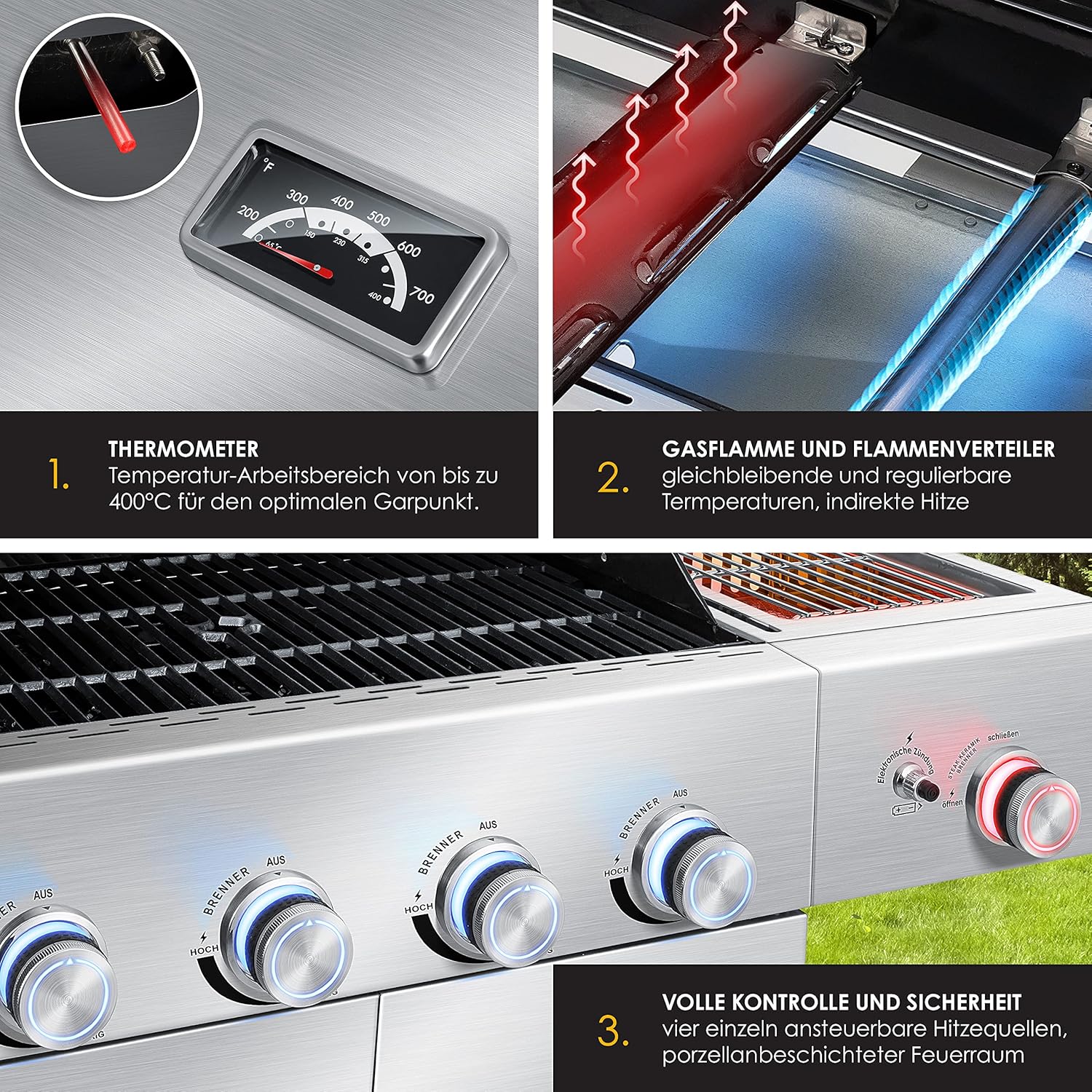 KESSER® Gasgrill mit 4 Brenner + 1x Infrarot Keramik Seitenbrenner & Piezo-Zündung | bis 800°C BBQ Grillwagen aus Edelstahl inkl. Grillrost (66cm) aus Gusseisen, Grillthermometer & Gas-Schlauch