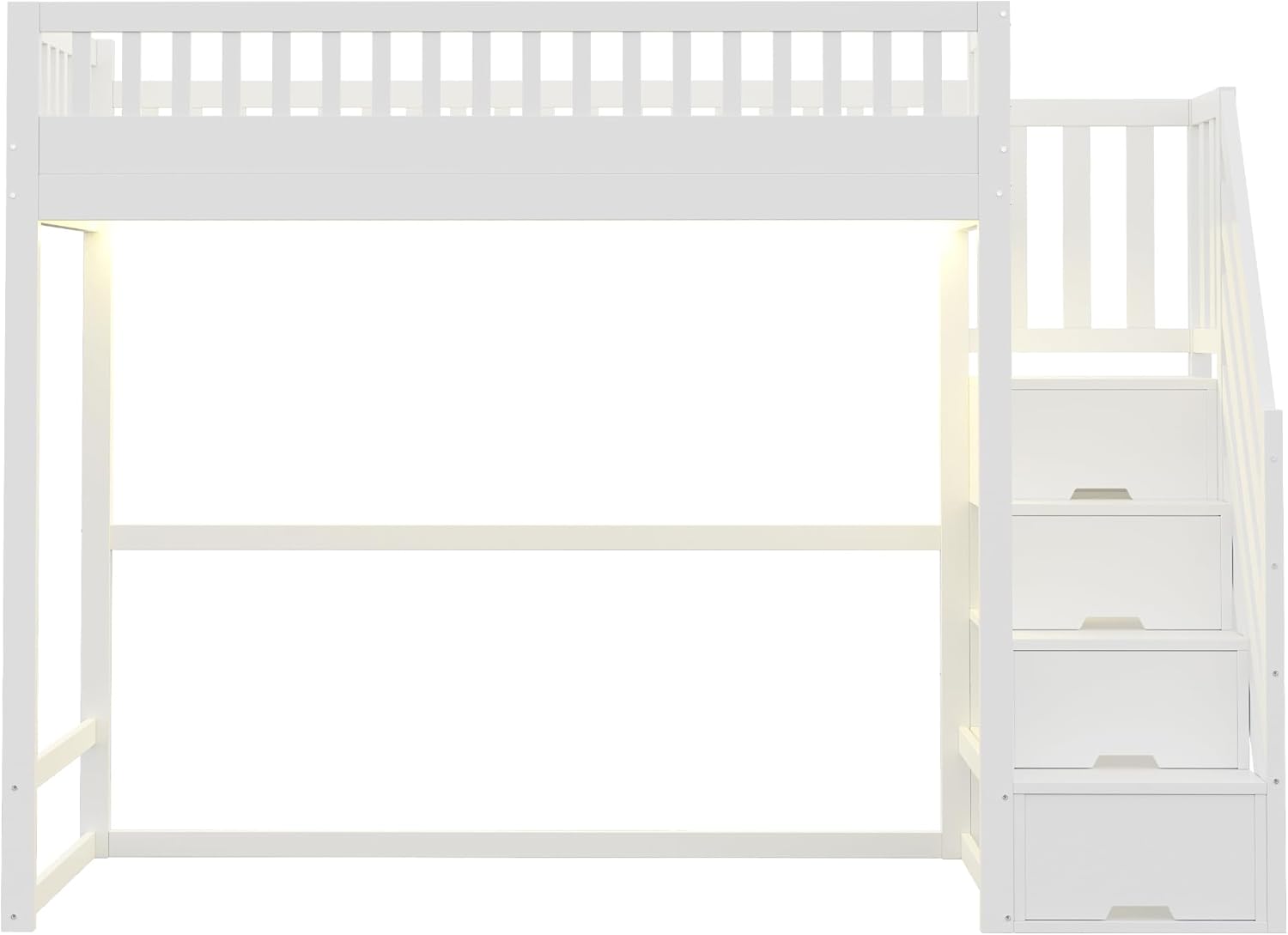 Hochbett 90 x 200,Hochbett mit Sicherheitsleiter, Sicherheitsgeländer, Bettrahmen aus massivem Kiefernholz, L-E-D-Lichtleiste, austauschbaren Sicherheitsleitern auf beiden Seiten (Weiß)