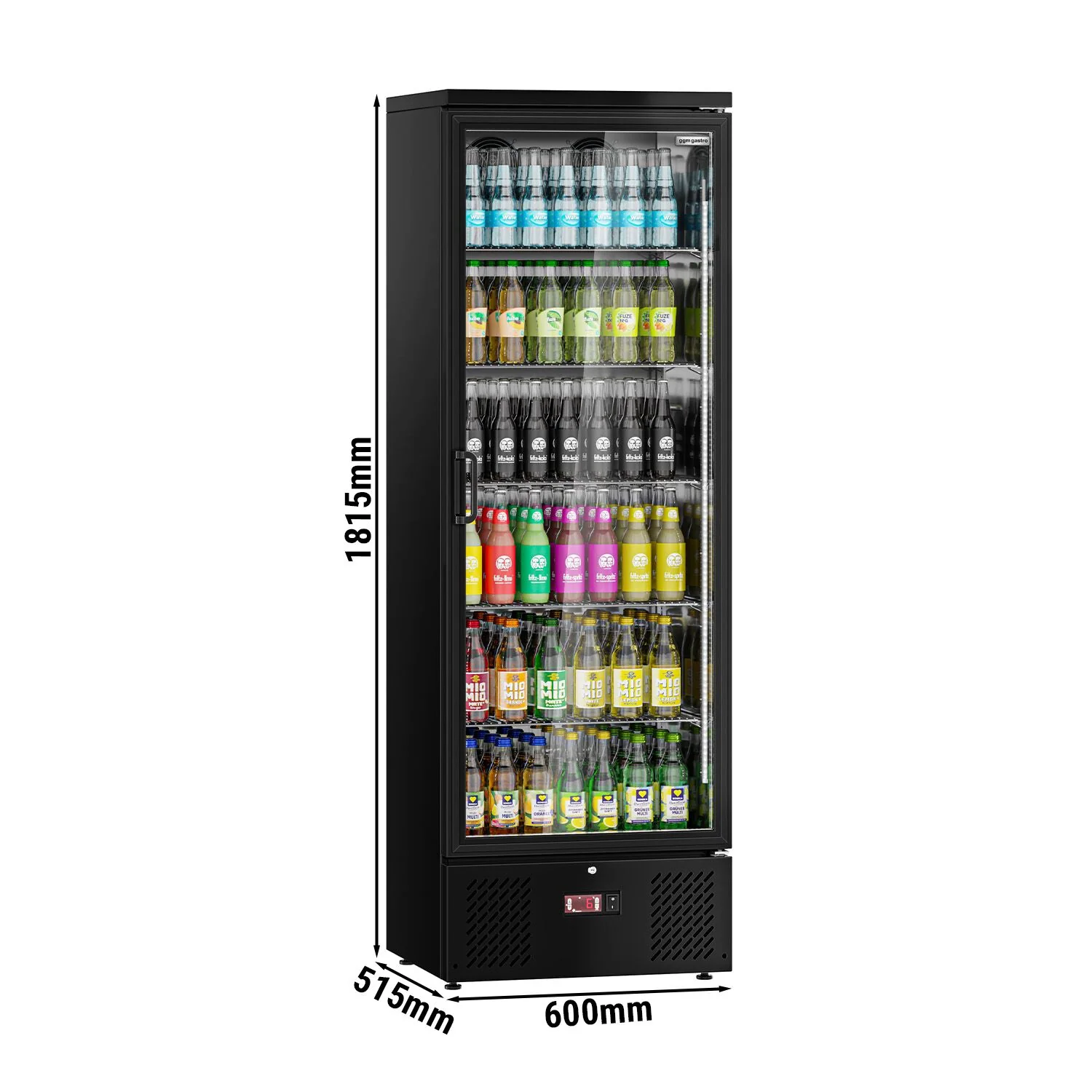 Displaykjøler - 600 mm - 300 l - digital temperaturstyring - innvendig i rustfritt stål - med 1 glassdør - +2 °C til +8 °C - svart