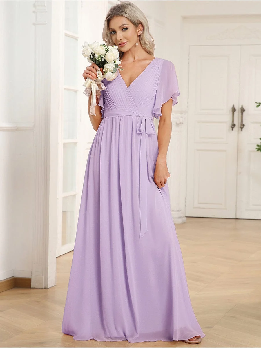 Abendkleid Damen Maxi A-Linie aus Chiffon | Festliches Kleid f��r Hochzeitsg?ste mit V-Ausschnitt und Fl��gel?rmeln