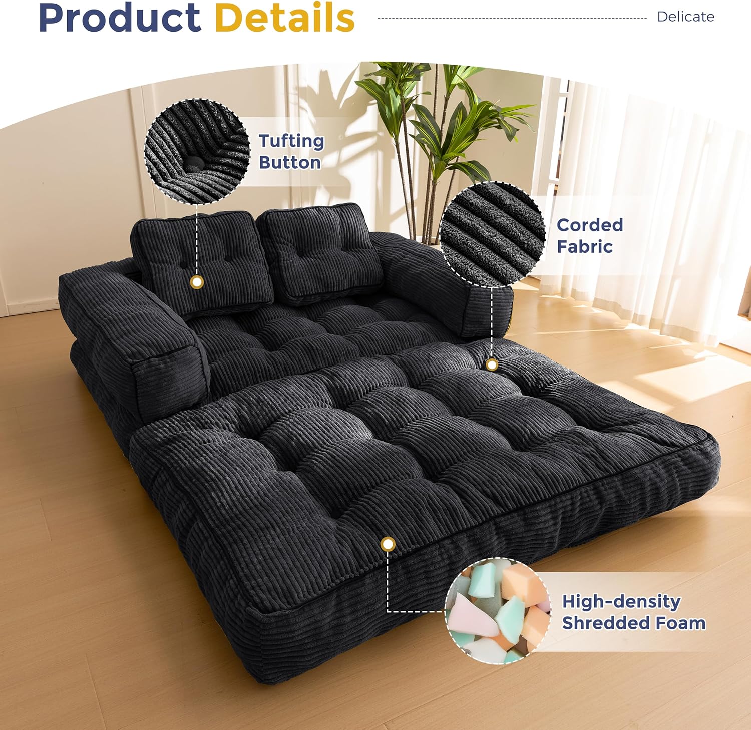 Folding Sofa Bed L-Shaped Convertible Sofa Bed with Armrests and Pillows