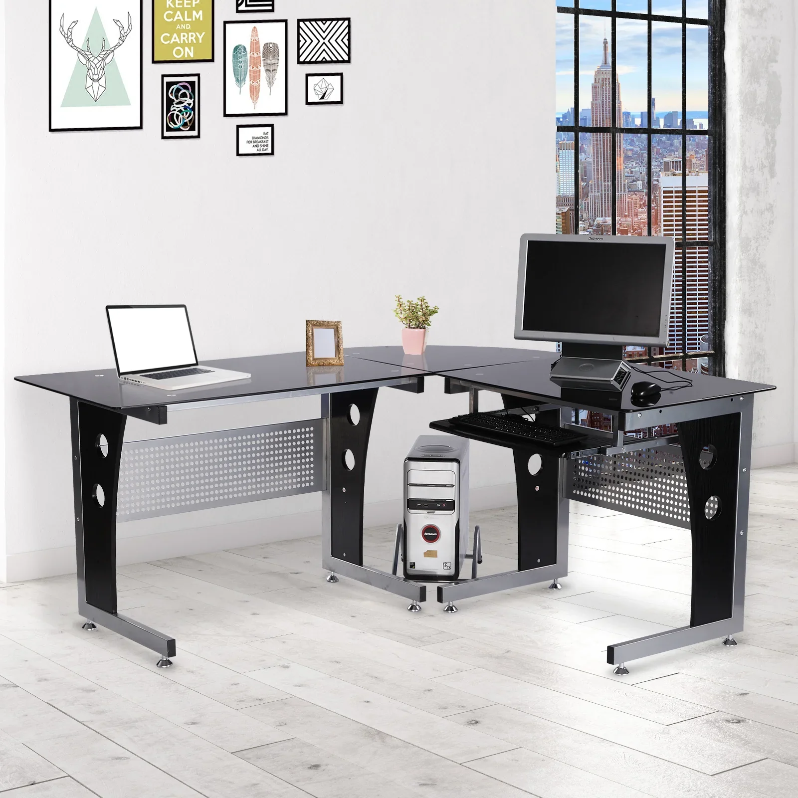 HOMCOM Hoekbureau L-vorm met Toetsenbordlade & PC-toren-houder