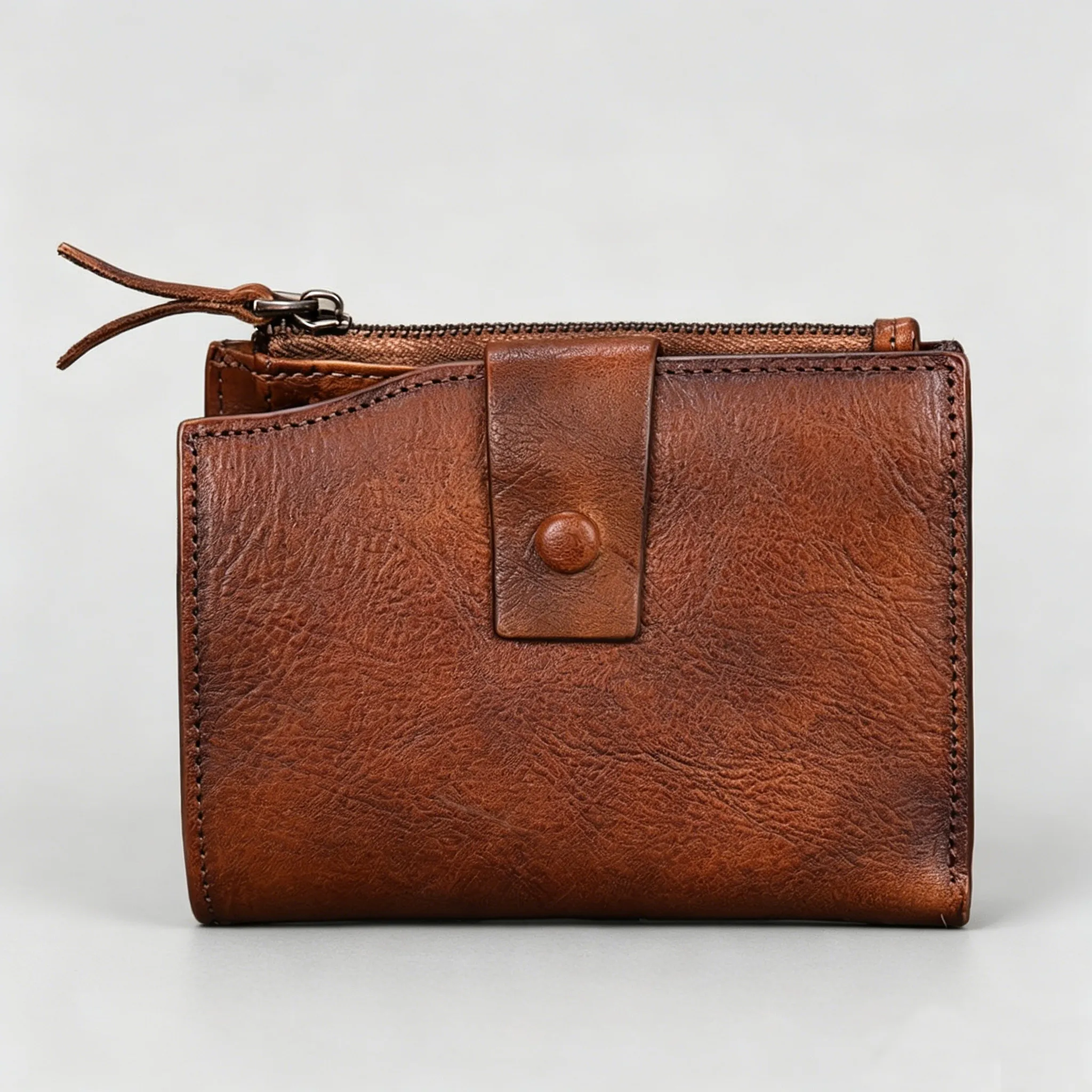 Distressed Full-Grain Leather Wallet with Button Snap