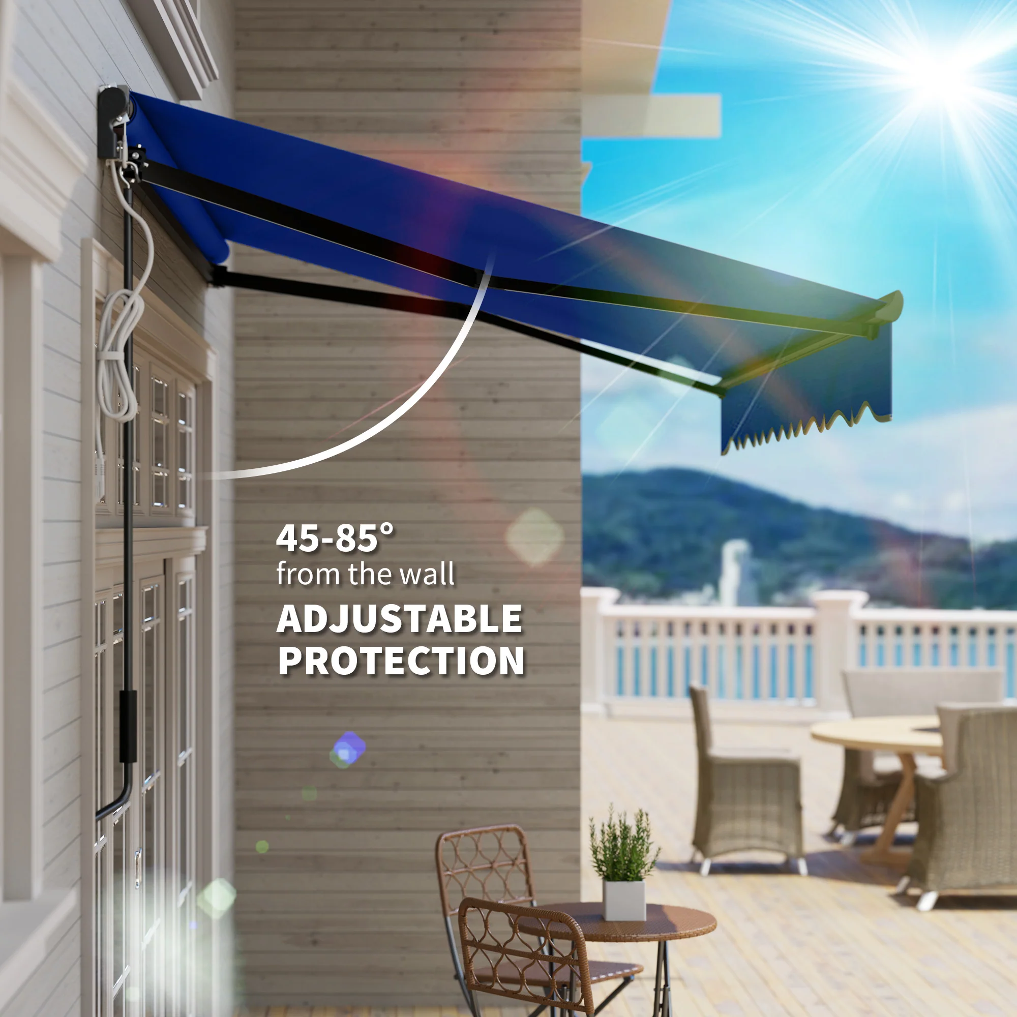 2025 2,5 x 2 m Elektrisch Zonnescherm met LED-licht & Afstandsbediening voor Tuin, Terras en Deck, Blauw