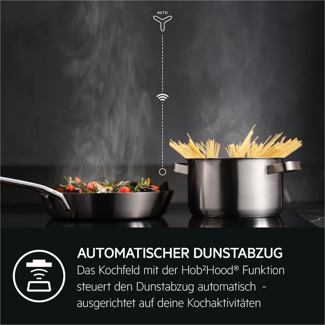 AEG Induktionskochfeld autark 80cm mit Dunstabzug / Made in Germany / 4 Flex-Kochzonen mit Bridge (Kombination 2er Zonen) / Auto-Funktion des Dunstabzugs / Aktivkohlefilter / COLI84COXB