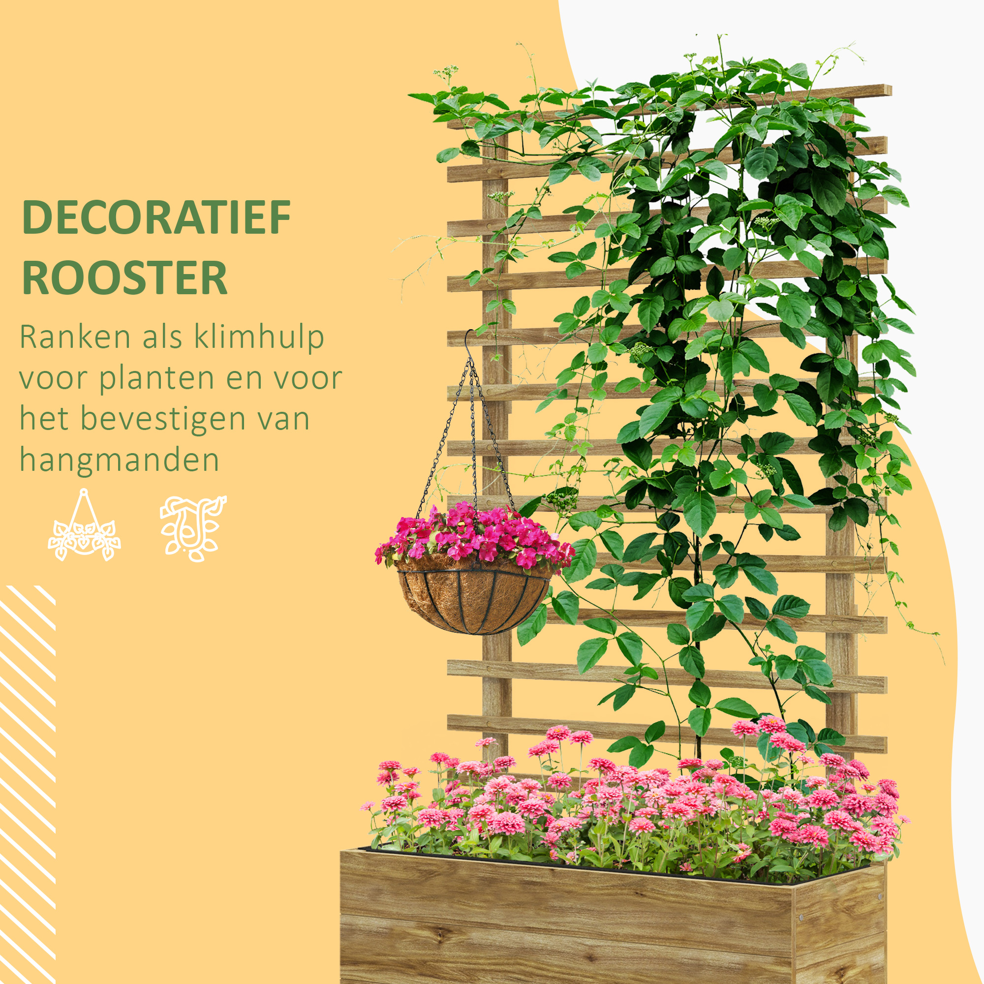 Outsunny Plantenbak met Traliewerk, 4 Wielen, Natuurlijk Hout, Weerbestendige Lak, 76 x 30 x 155 cm