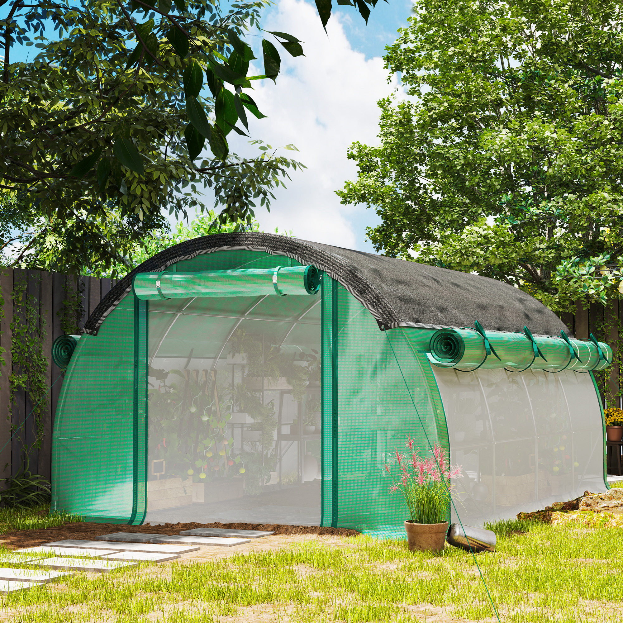 4 x 3 x 2 m Polykastunnel met Zonneschermnet, Oprolbare Zijwanden, Plastic Afdekking, Stalen Frame, Groen