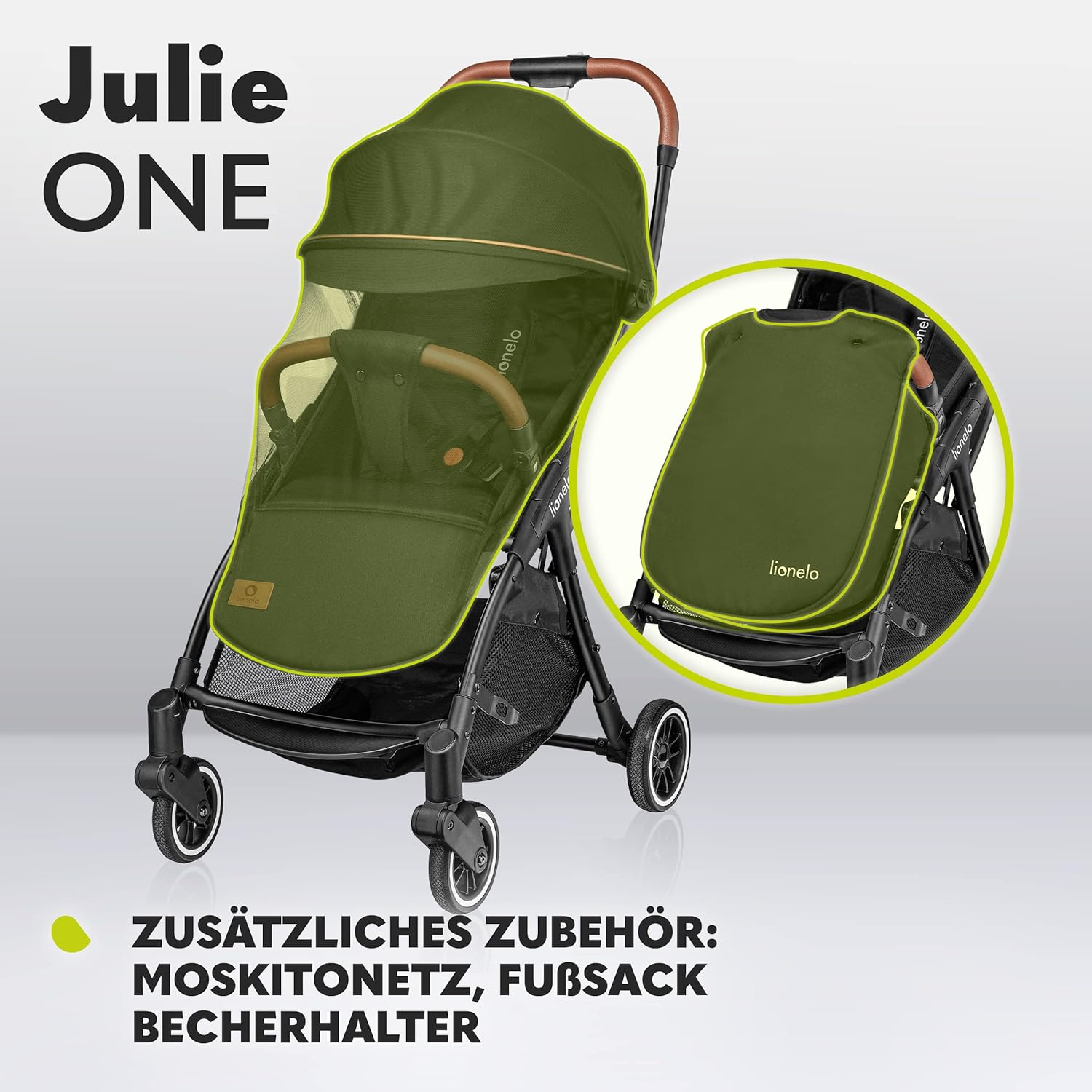 LIONELO Julie One Buggy Kinderwagen bis 22 kg, verstellbare Rückenlehne und Fußstütze, Moskitonetz, Beinwärmer, Getränkehalter und Transporttasche, zusammenklappbar