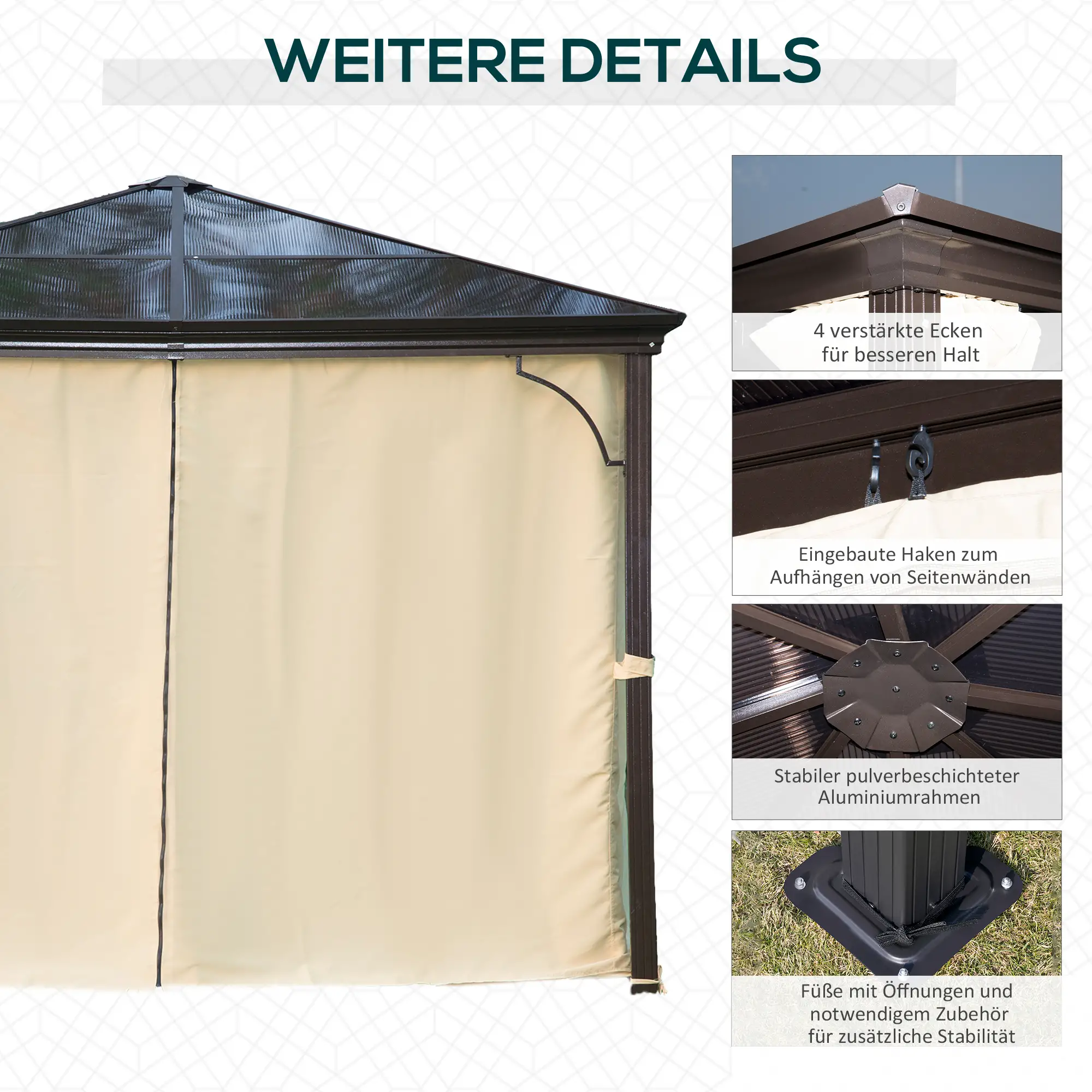 Outsunny Gartenpavillon Hardtop mit Polycarbonat-Dach Fliegennetz Alu